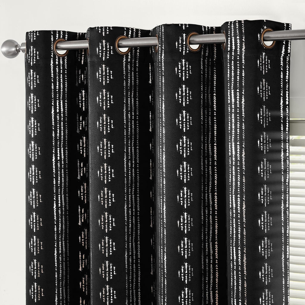 Jinchan 100% Blackout Boho Curtains 84 Inches Long For Bedroom Living Room Silver Geometric Foil Printed Grommet Top Room Darkening Thermal Insulated Window Drapes Black 52X84 2 Panels
