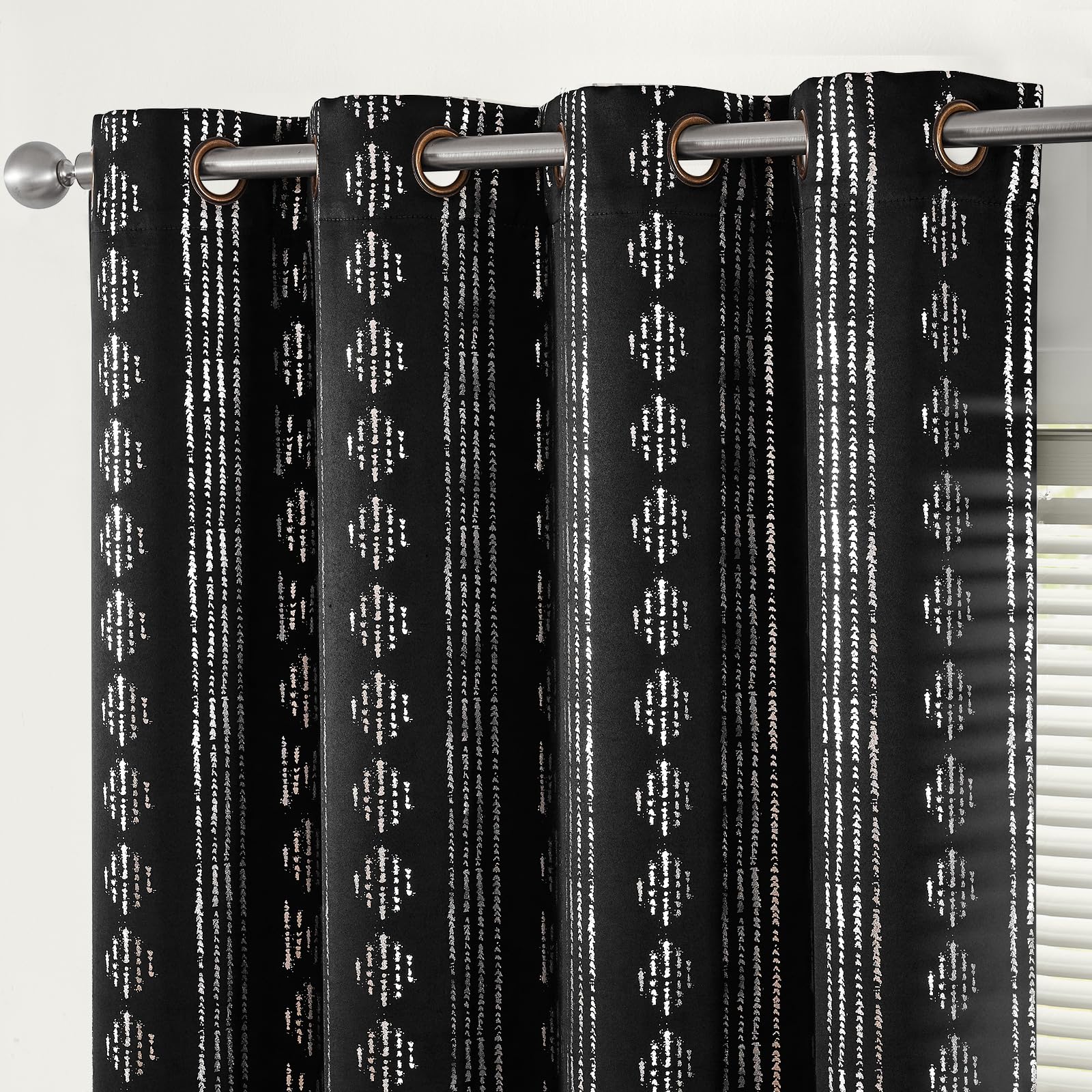 Jinchan 100% Blackout Boho Curtains 84 Inches Long For Bedroom Living Room Silver Geometric Foil Printed Grommet Top Room Darkening Thermal Insulated Window Drapes Black 52X84 2 Panels
