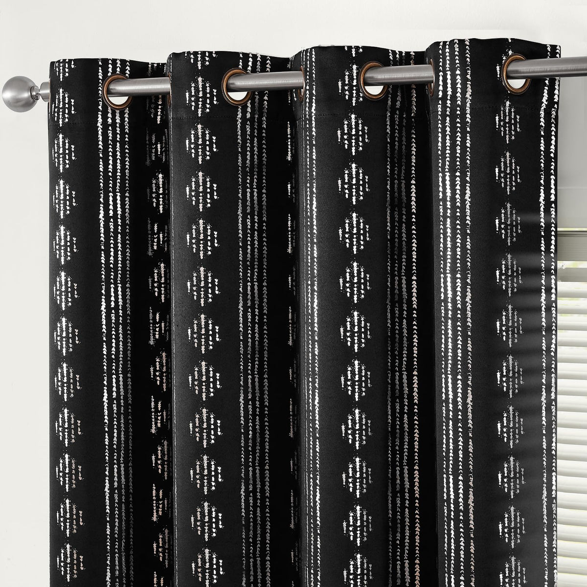 Jinchan 100% Blackout Boho Curtains 63 Inch Length For Bedroom Living Room Silver Geometric Foil Printed Grommet Top Room Darken