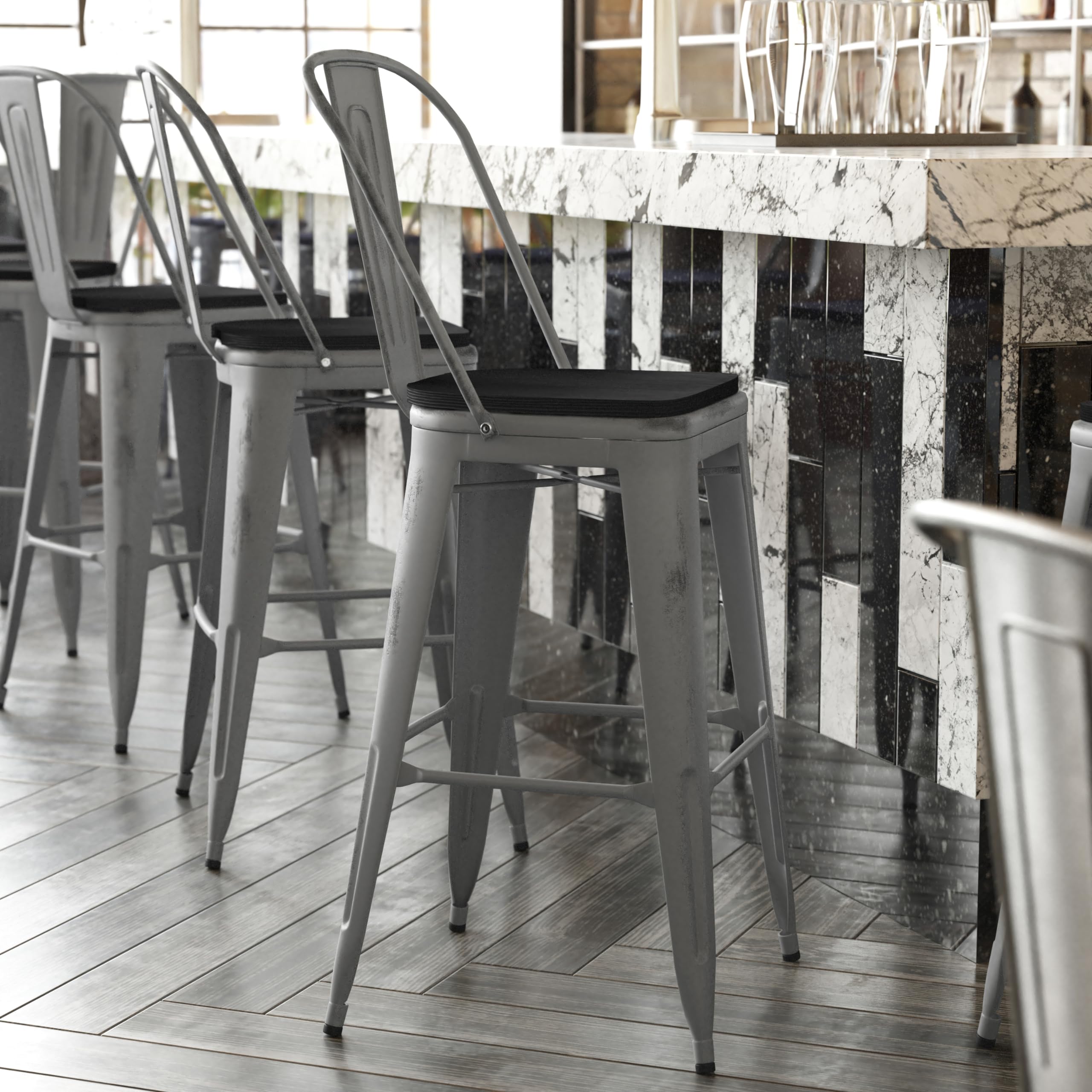 Flash Furniture Lincoln Commercial Indoor Metal Bar Stool - Clear Coated Metal Frame - Black Polystyrene Seat - 24 Inches High - Vertical Slat Back