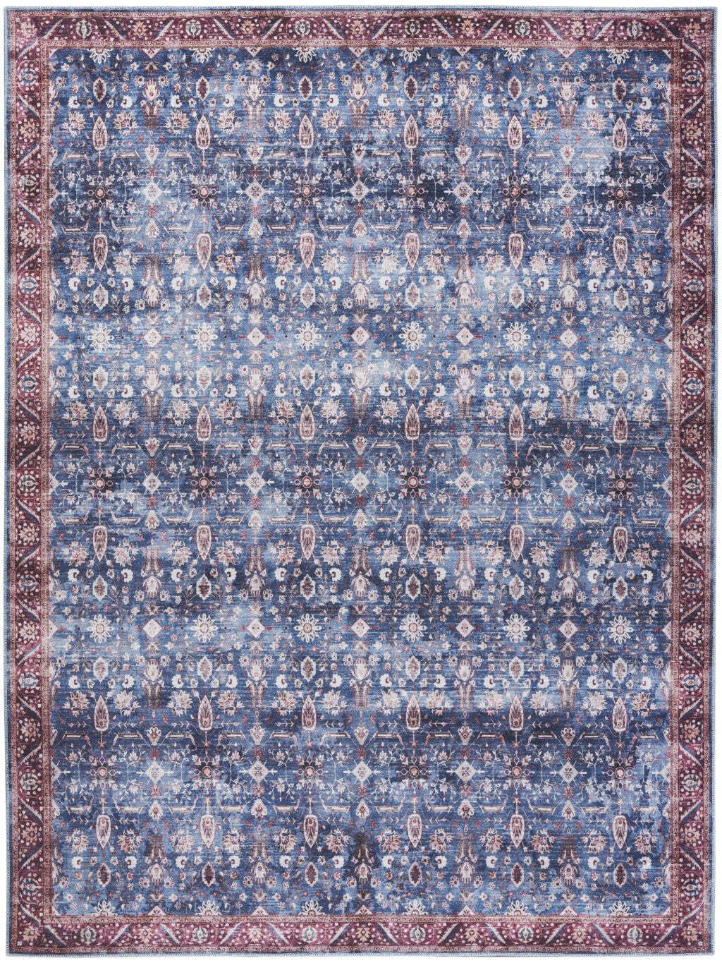 HomeRoots 533341 9 x 12 ft. Blue & Red Oriental Power Loom Distressed Washable Non Skid Rectangle Area Rug