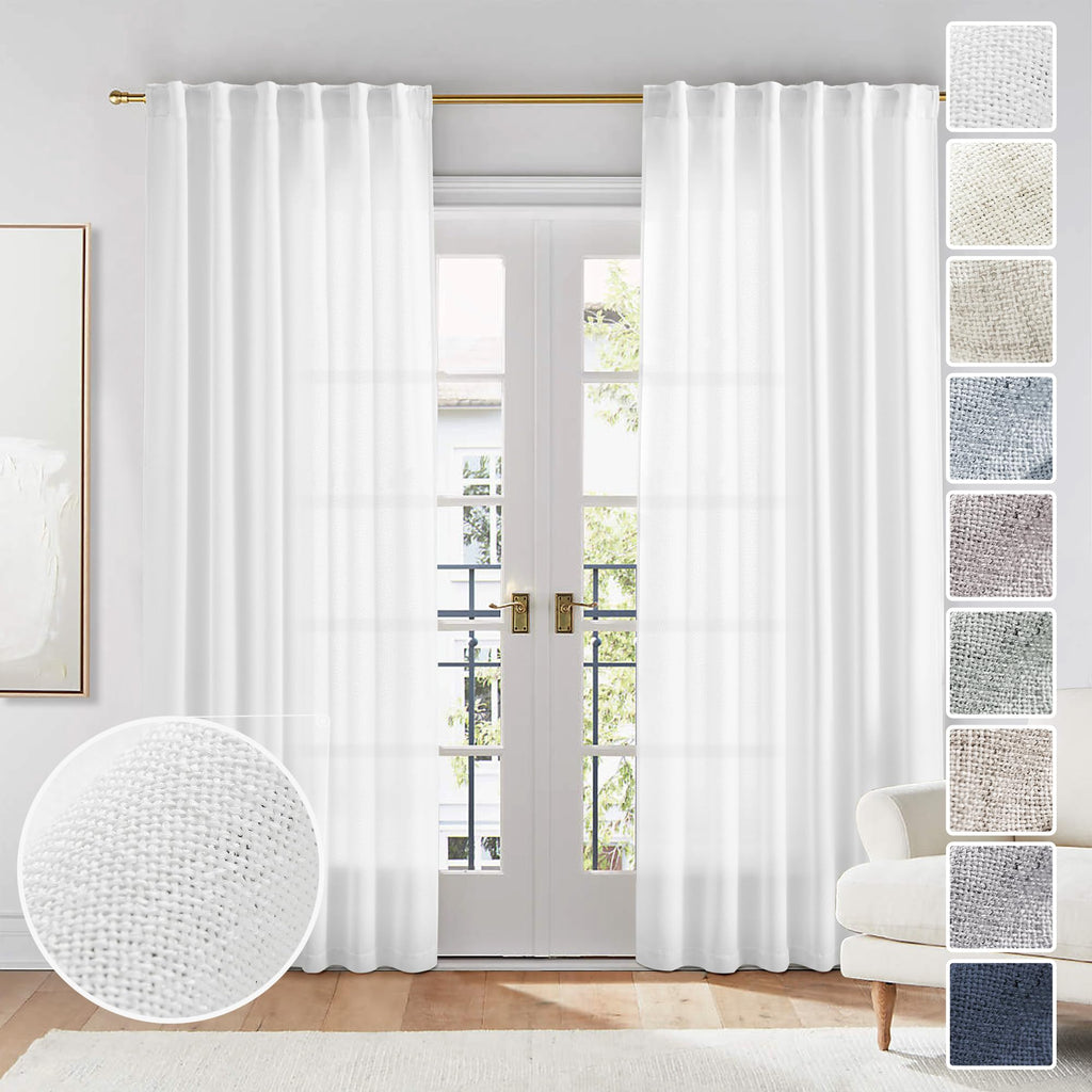MEETBILY White Linen Curtains 84 Inches Long for Living Room 2 Panels Set Linen Textured Back Tab Pocket Light Filtering Semi Sh