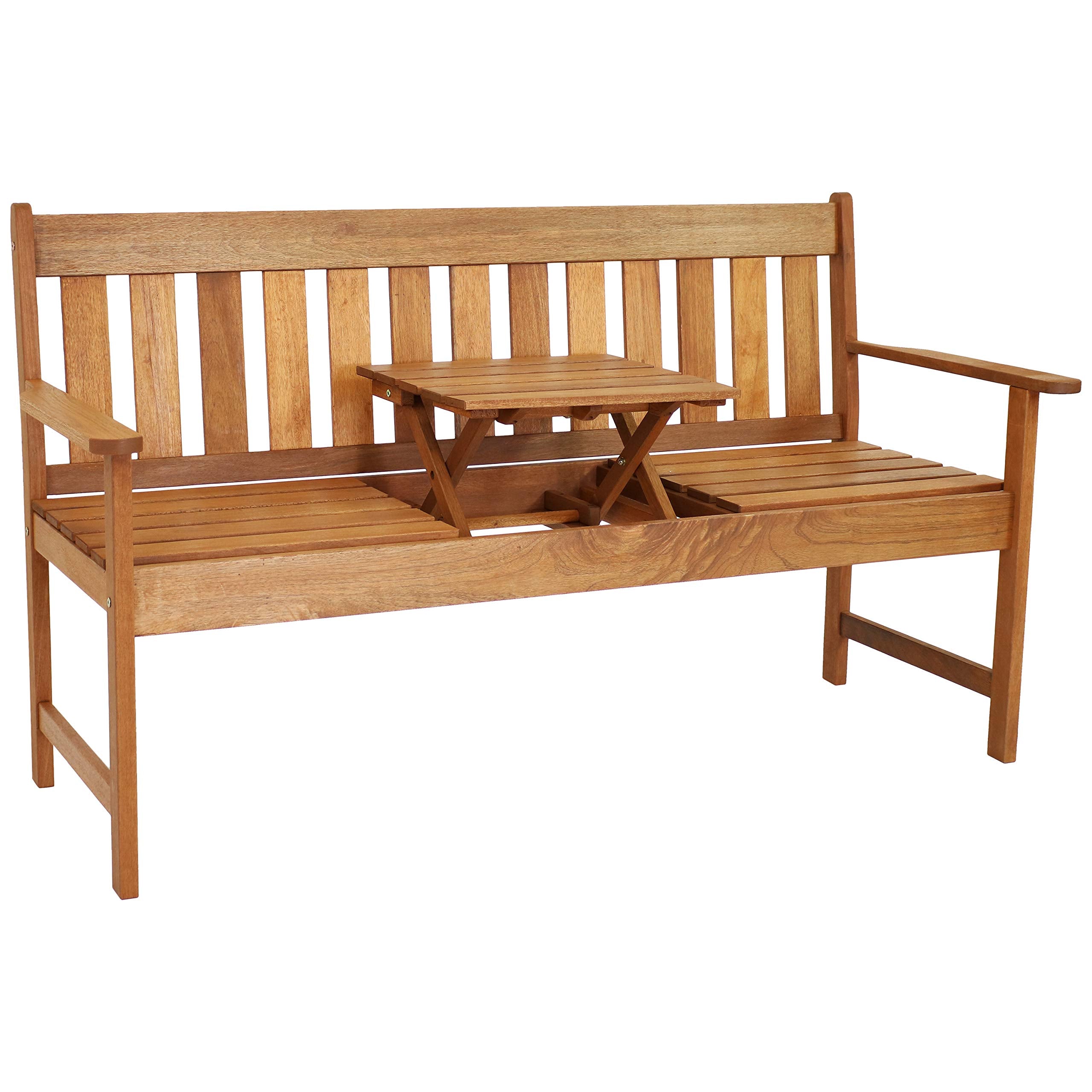 Sunnydaze Meranti Wood Outdoor Patio Bench with Built-in Pop-Up Table - Teak Oil Finish - 60-Inch