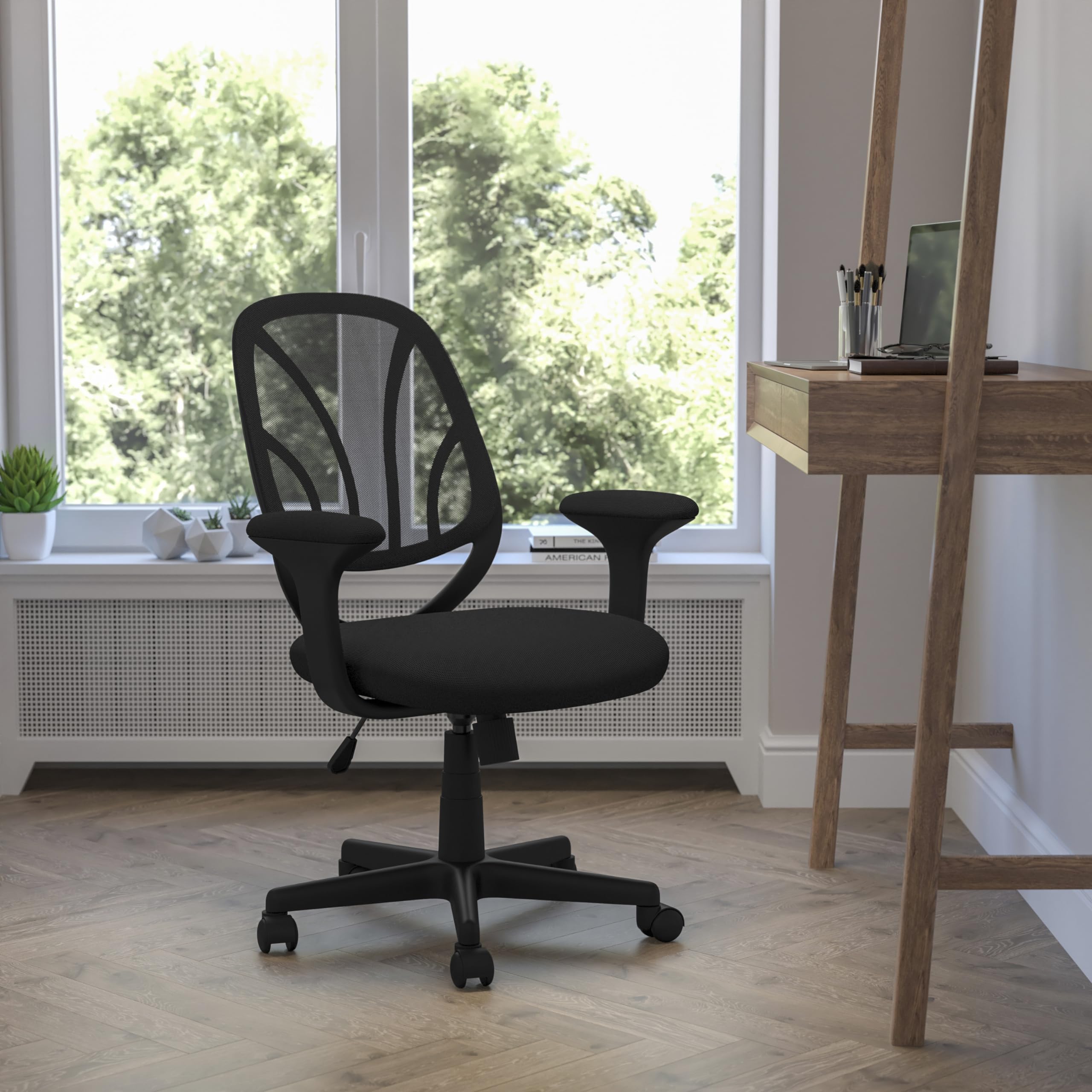 Flash Furniture Y-GO Office Chair Mid-Back Black Mesh Swivel Task Office Chair with Arms