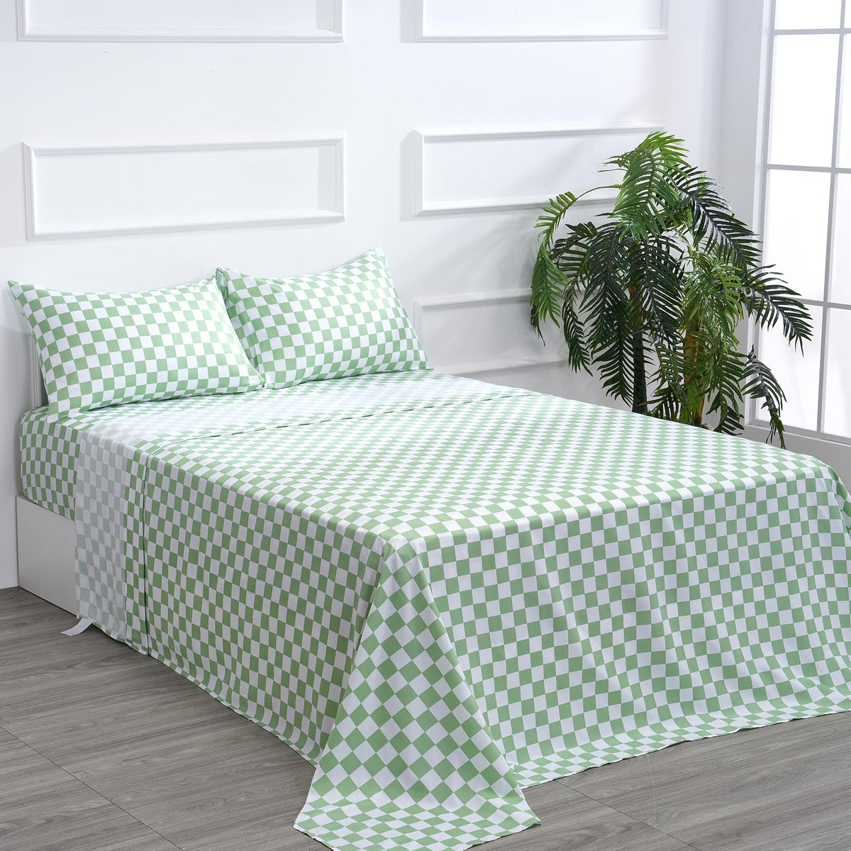 Queen Size Sheet Set 4 Piece -Microfiber Soft Durable Bedding Sheet Set,Deep Pocket,Stain,Fade & Wrinkle Resistant (Plaid Green&