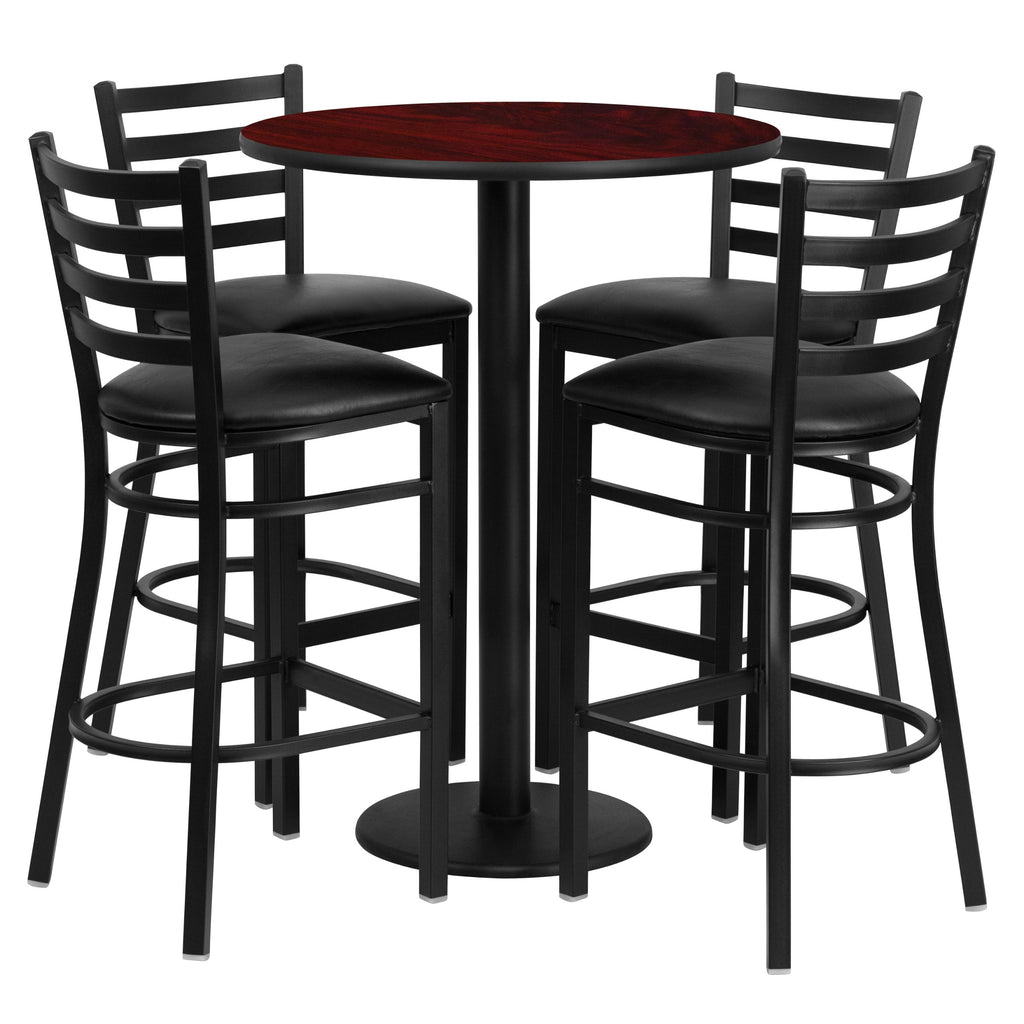 Flash Furniture Jamie 30'' Round Mahogany Laminate Table Set with Round Base and 4 Ladder Back Metal Barstools - Black Vinyl Seat