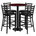 Flash Furniture Jamie 30'' Round Mahogany Laminate Table Set with Round Base and 4 Ladder Back Metal Barstools - Black Vinyl Seat