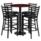 Flash Furniture Jamie 30'' Round Mahogany Laminate Table Set with Round Base and 4 Ladder Back Metal Barstools - Black Vinyl Seat