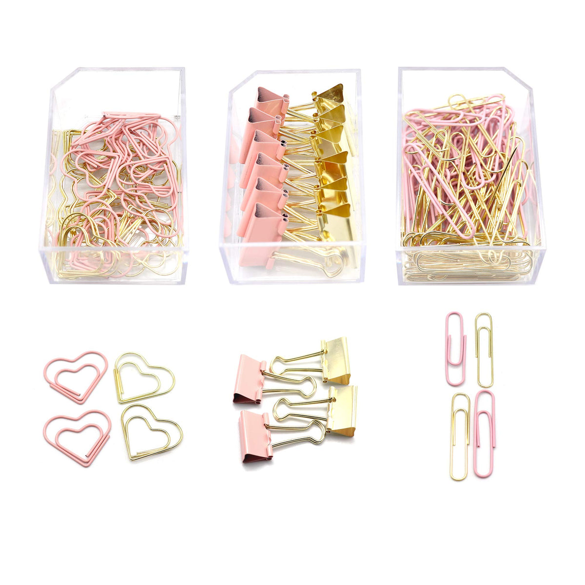 Gold Pink Binder Clips And Paper Clips Set (3-In-1 Boxed), For Office School Supplies Teachers Classroom Daily Use