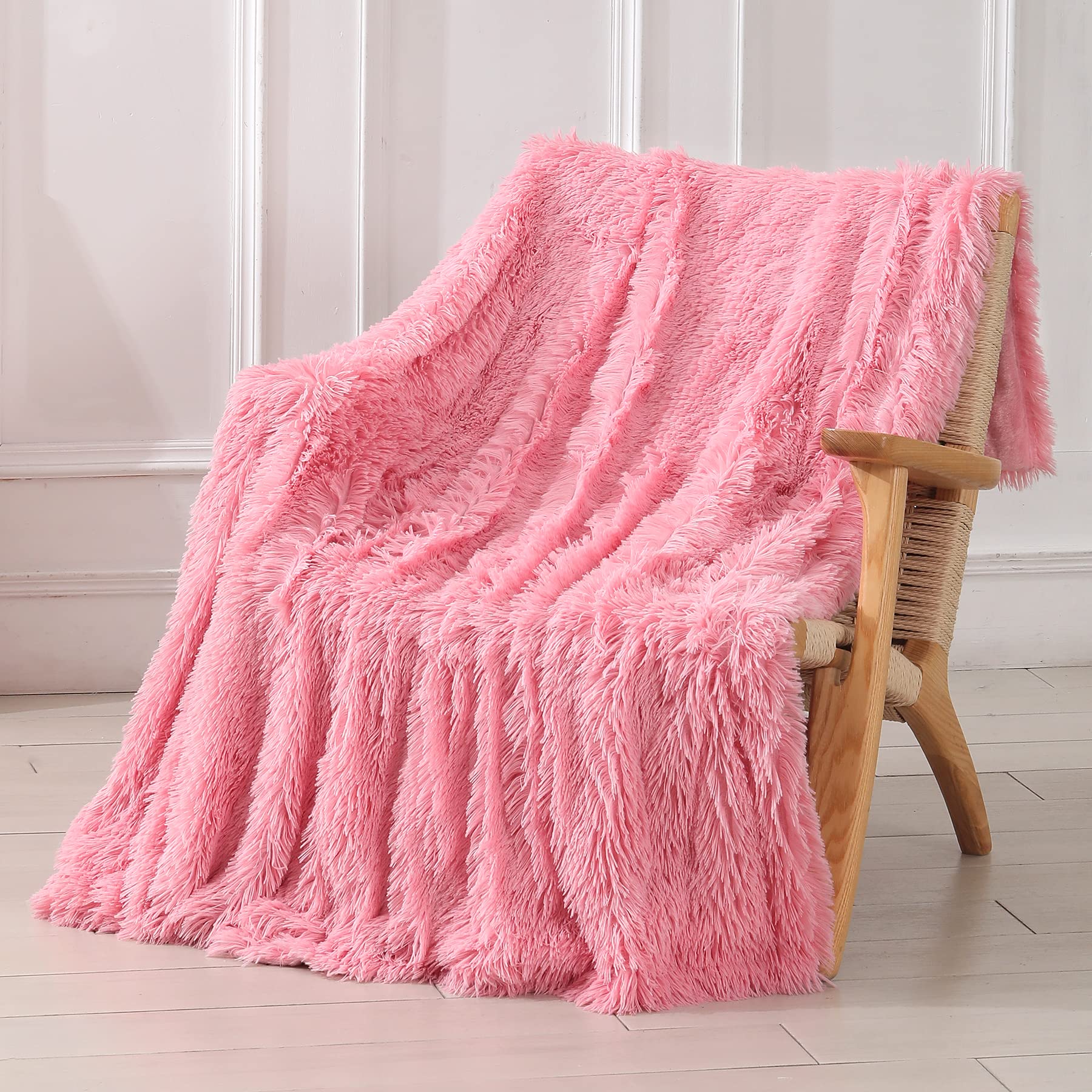 Tuddrom Decorative Extra Soft Faux Fur Throw Blanket 50'X60',Solid Reversible Fuzzy Double Layers Long Hair Shaggy Blanket,Flu