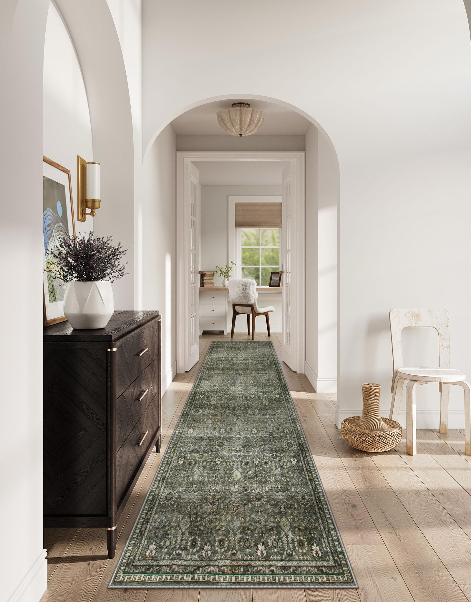 Lahome Dark Green Runner Rugs for Hallway 2x10, Washable Stain Resistant Kitchen Runner Rug 10ft, Rubber Backed Non Slip Carpet 
