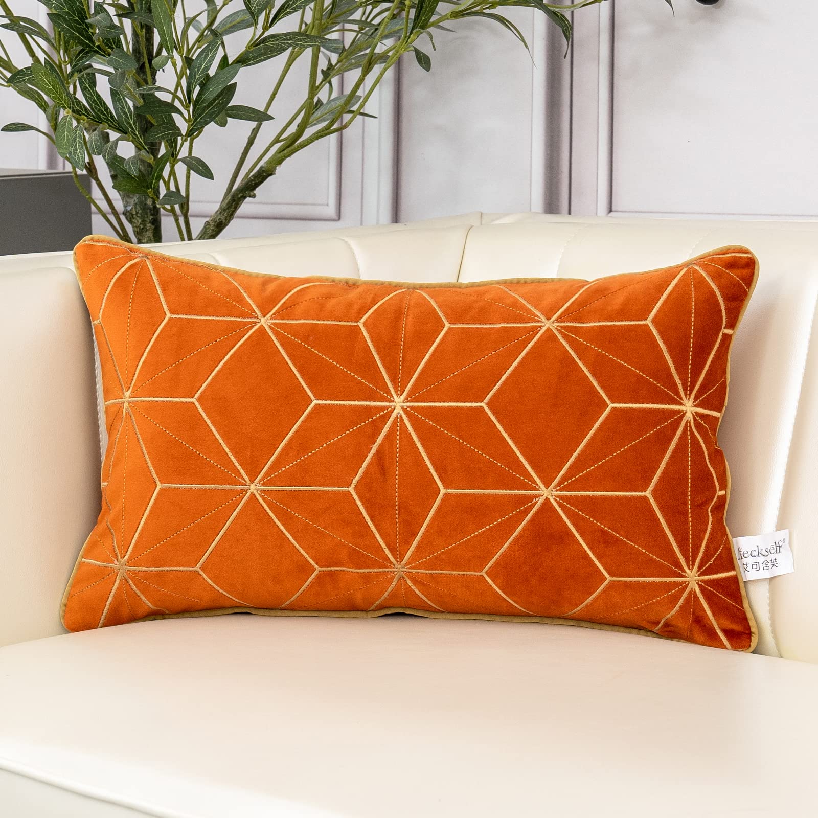 Aeckself 12 X 20 Inch Orange Gold Plaid Geometric Stripes Embroidery Velvet Cushion Case Luxury Modern Rectangle Decorative Thro
