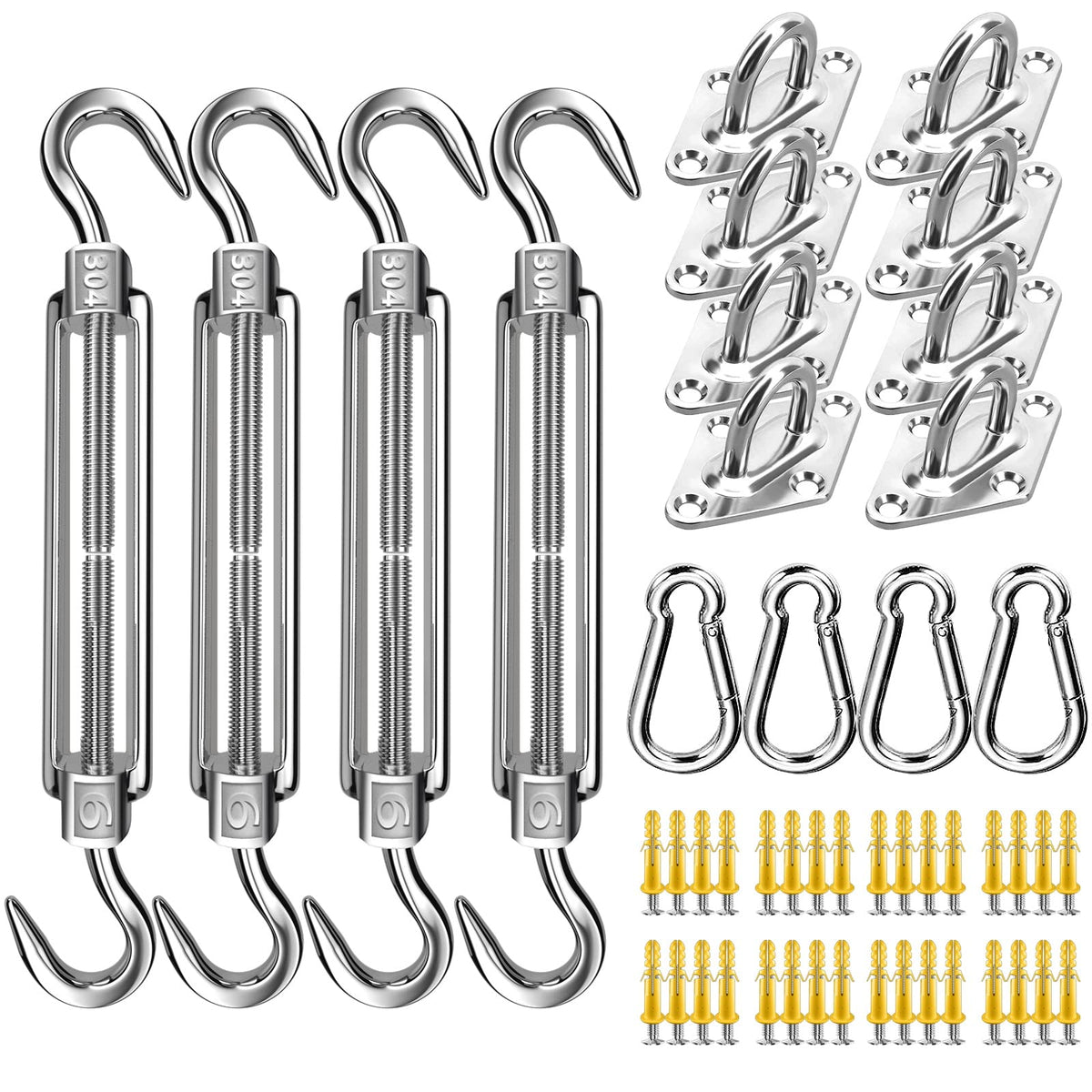 Fzeneast Shade Sail Hardware Kit, 6 Inch 304 Marine Grade Stainless Steel Sun Shade Hardware Kit For Triangle/Rectangle/Square Sun Shade Sails Installation (80 Pcs)