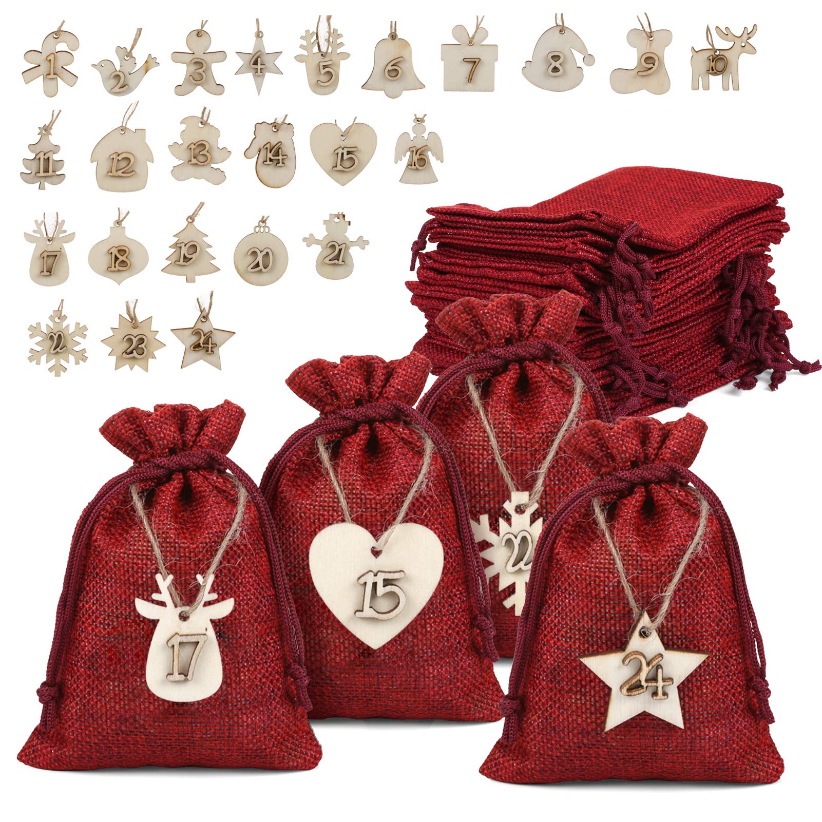 Naler Christmas Advent Calendar 2024, 24 Pieces Christmas Drawstring Gift Bags Burlap Hanging Countdown Calendar Bags with Woode