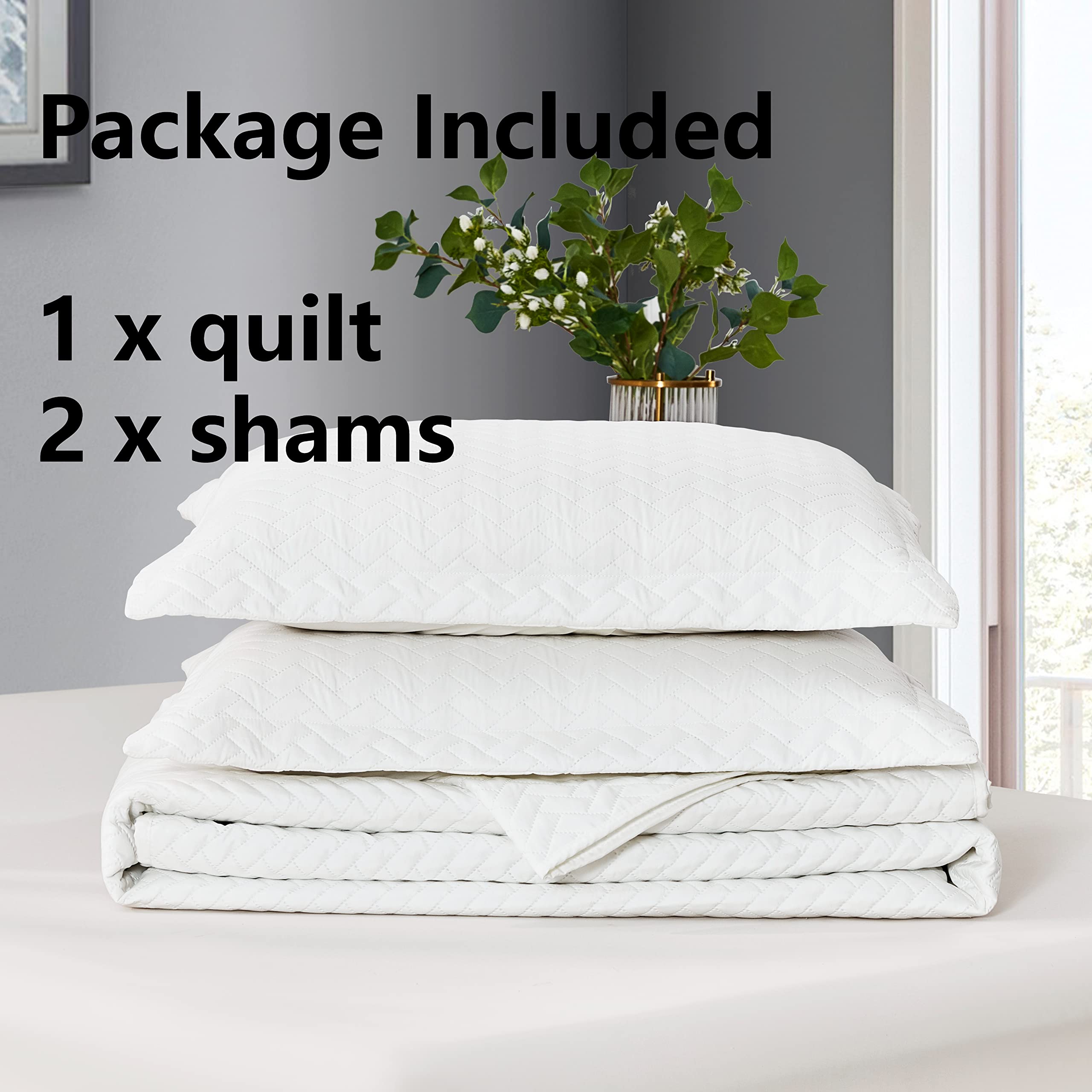 Maple&Stone Quilt Set Queen Size, Lightweight Off-White Bedspread Ultrasonic Chevron Pattern Light Coverlet For All Season Comfo