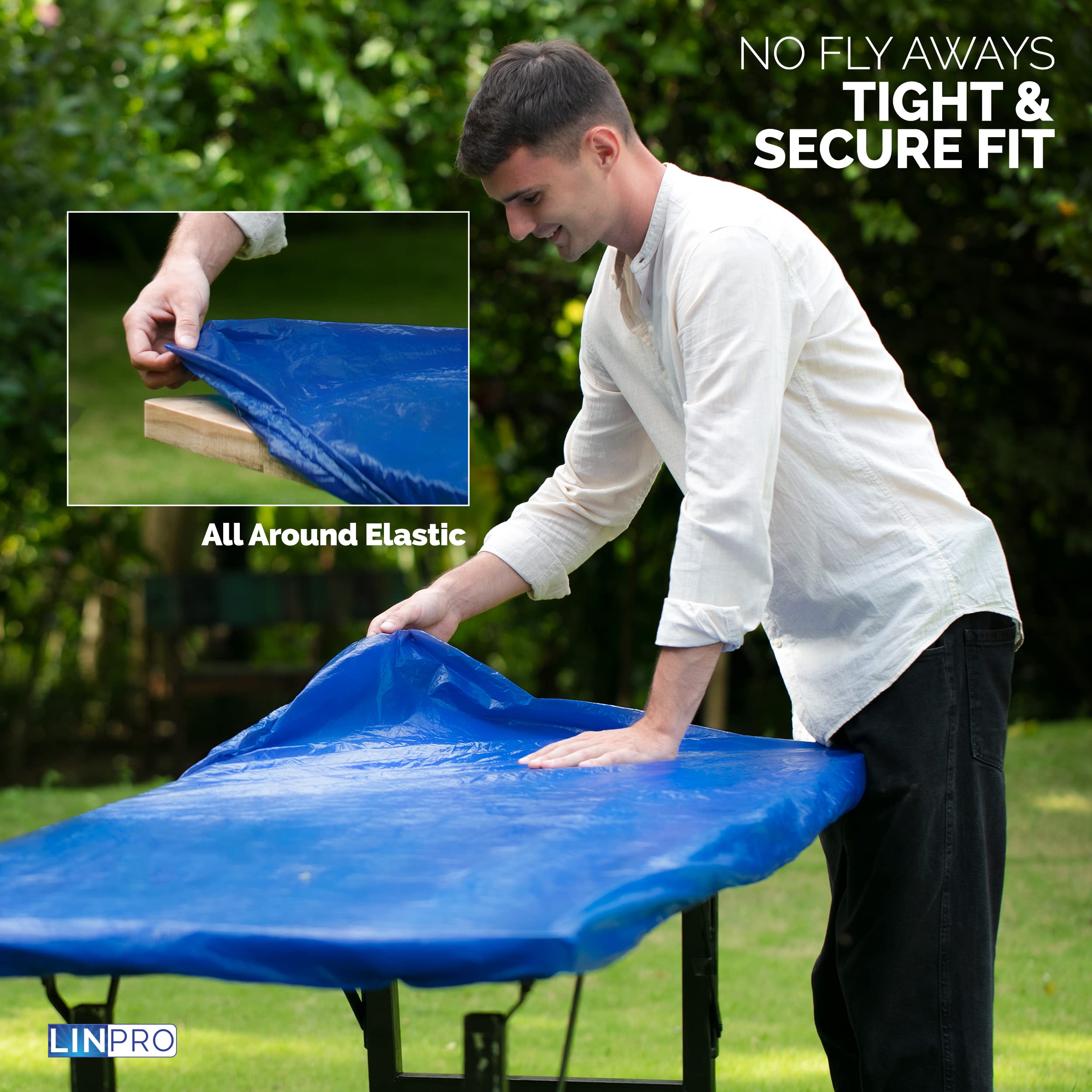 Linpro 5Pk Plastic Table Cloths Disposable For Parties 8Ft Picnic Table Covers With Elastic Fitted Camping Tablecloth Elastic Table Cover Rectangle Blue Tablecloth Waterproof Outdoor & Folding Tables