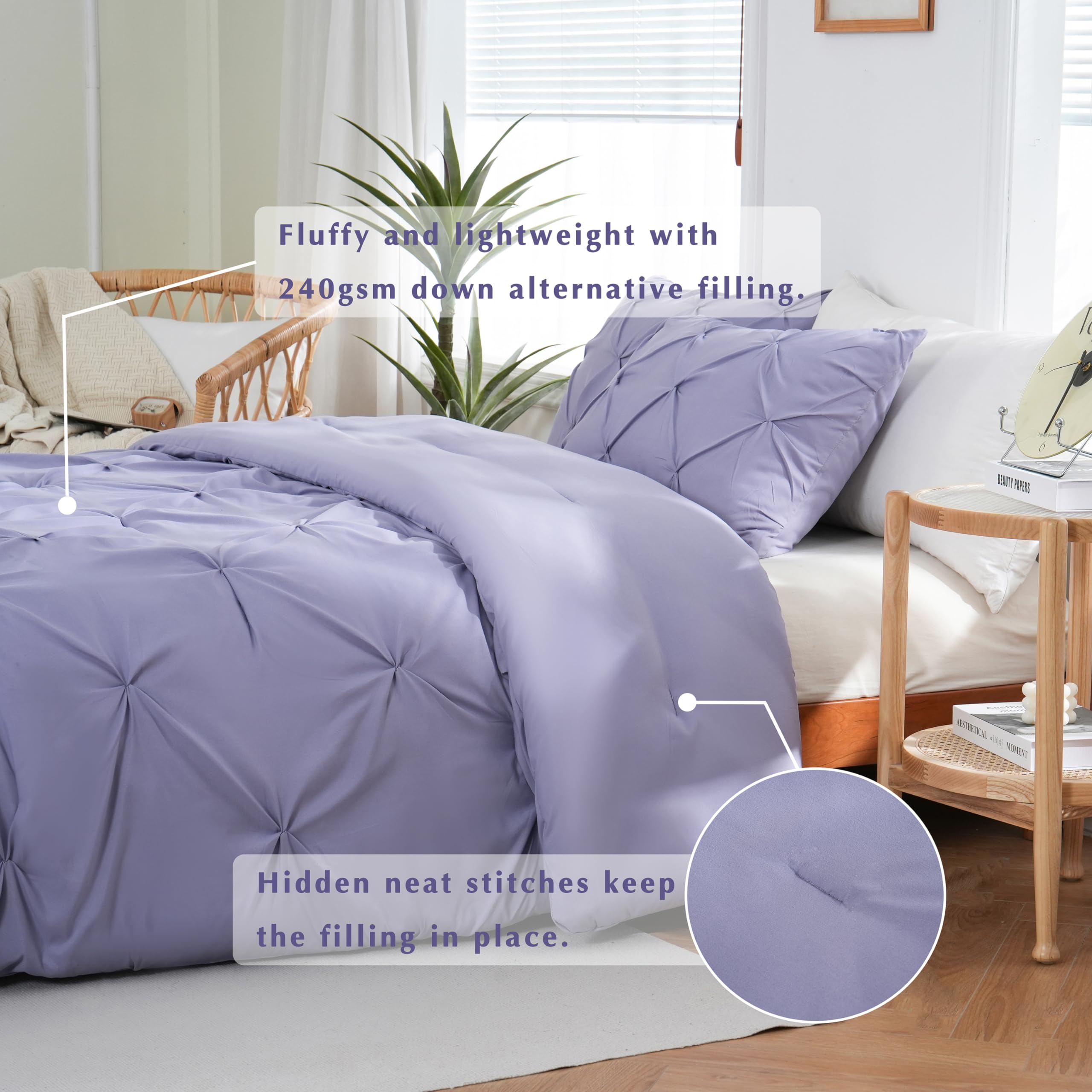 Downcool Queen Comforter Set Lavender Purple - 3 Pieces Cute Pinch Pleat Bed Set, Soft Fluffy Bedding Comforter Sets For All Sea