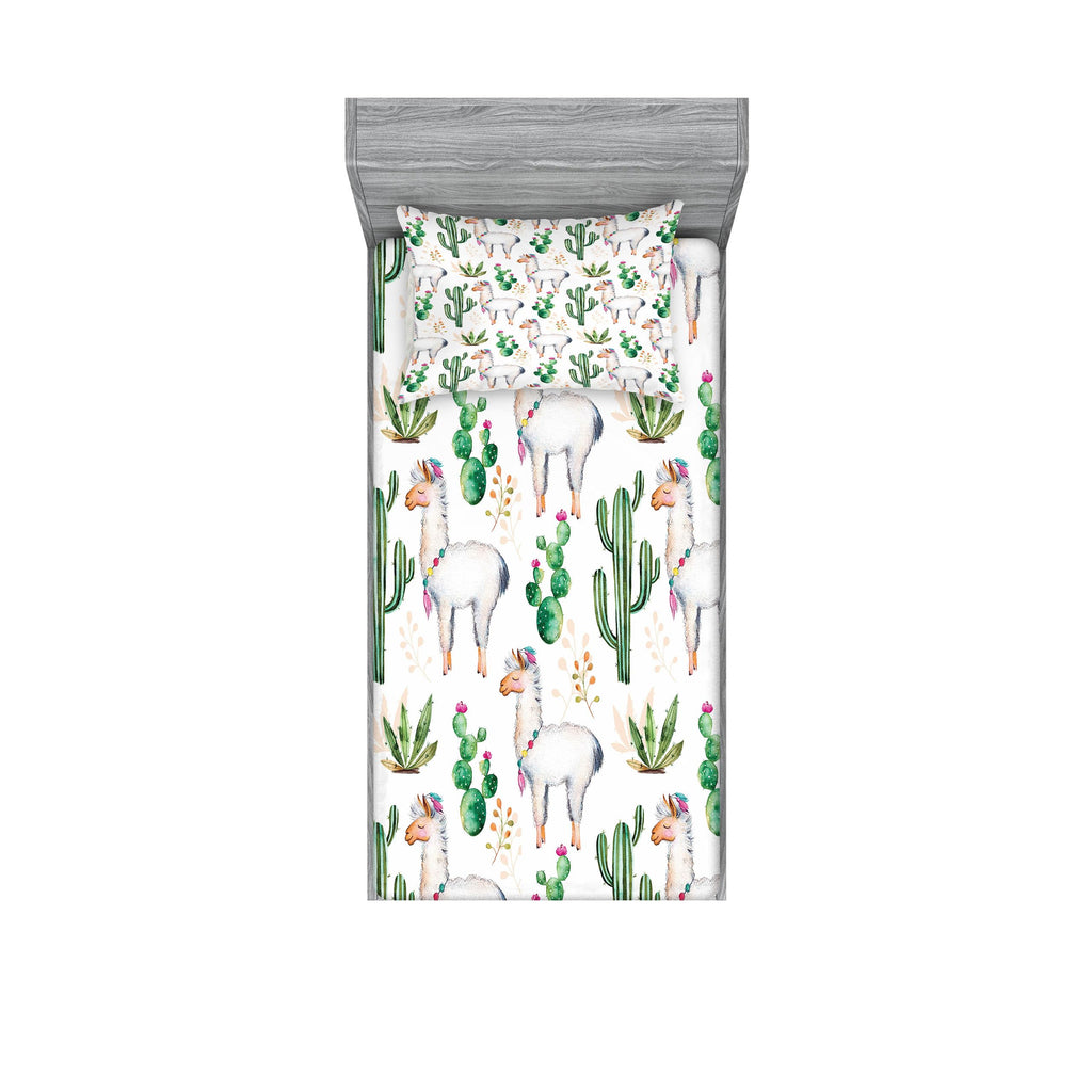 Ambesonne Cactus Fitted Sheet & Pillow Sham Set, Hot South Desert Plant Cacti Pattern Llama Animal Modern Colored Image Print, D