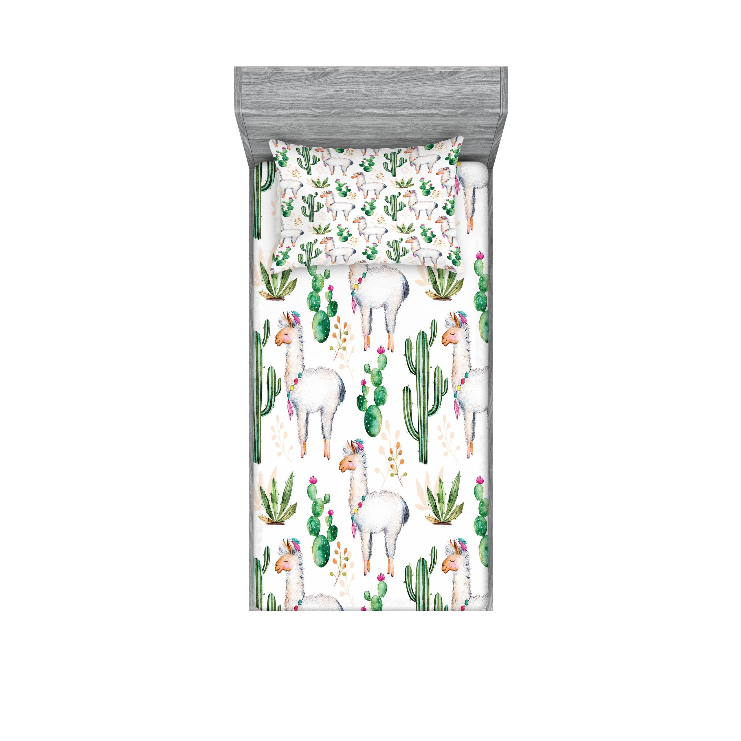 Ambesonne Cactus Fitted Sheet & Pillow Sham Set, Hot South Desert Plant Cacti Pattern Llama Animal Modern Colored Image Print, D