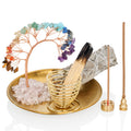 ZenBless 7 Chakra Crystal Tree Incense Holder Palo Santo Holder Sage Burner 5.5 inches Brass Ash Catcher for Incense Sticks/Coil