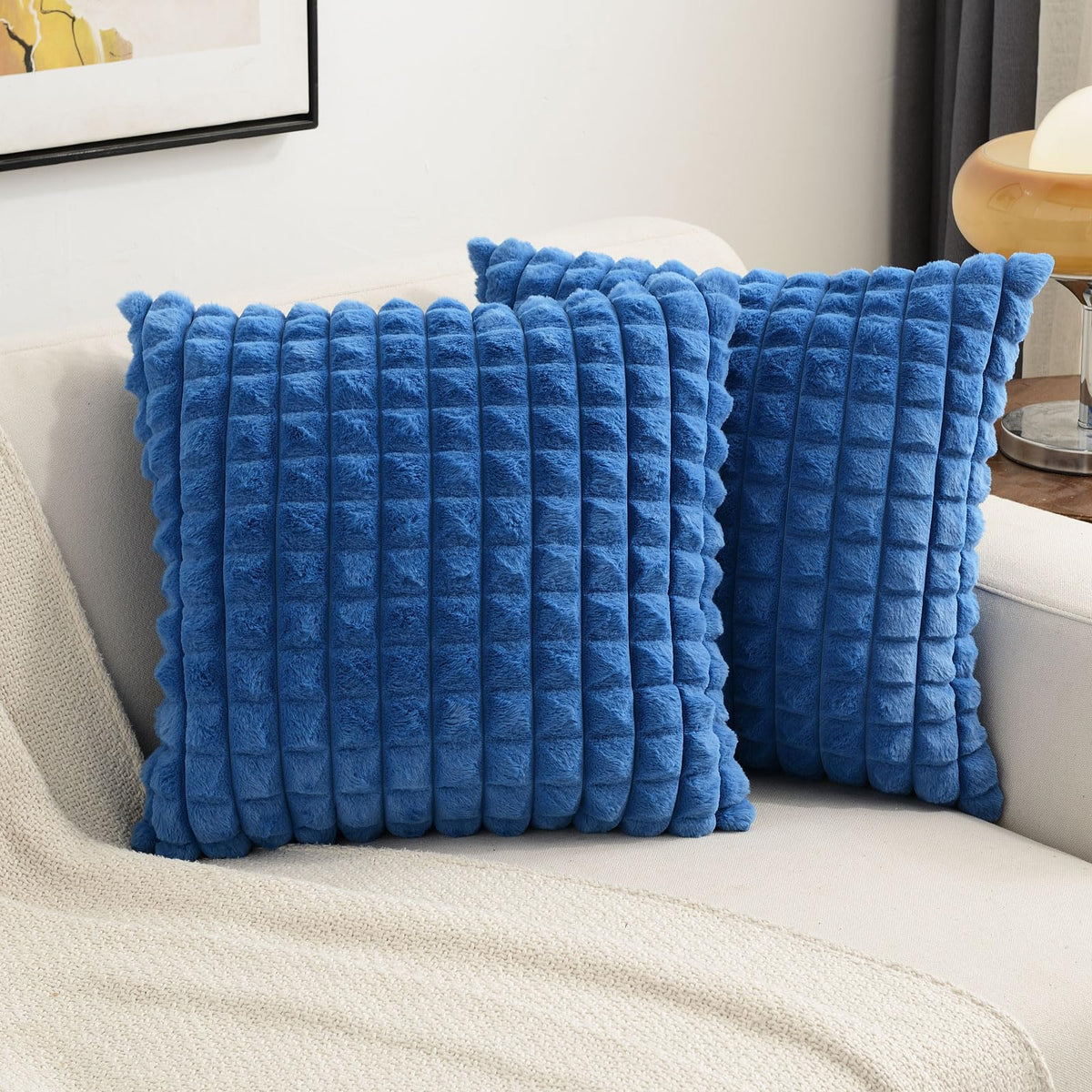 Futei Royal Blue Decorative Throw Pillow Covers 20X20 Inch Set Of 2,Square Cushion Case,Fluffy Faux Rabbit Fur Plaid & Soft Velv