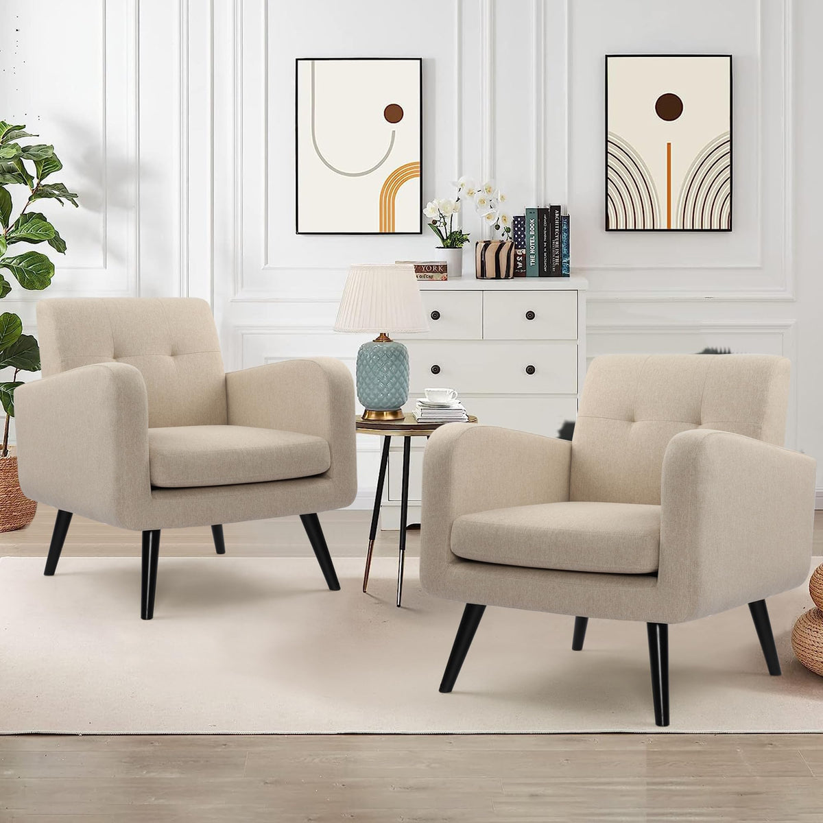Lsspaid Accent Chairs Set Of 2, Modern Beige Linen Fabric Living Room Chairs, Comfy Upholstered Armchairs Single Sofa Chair With