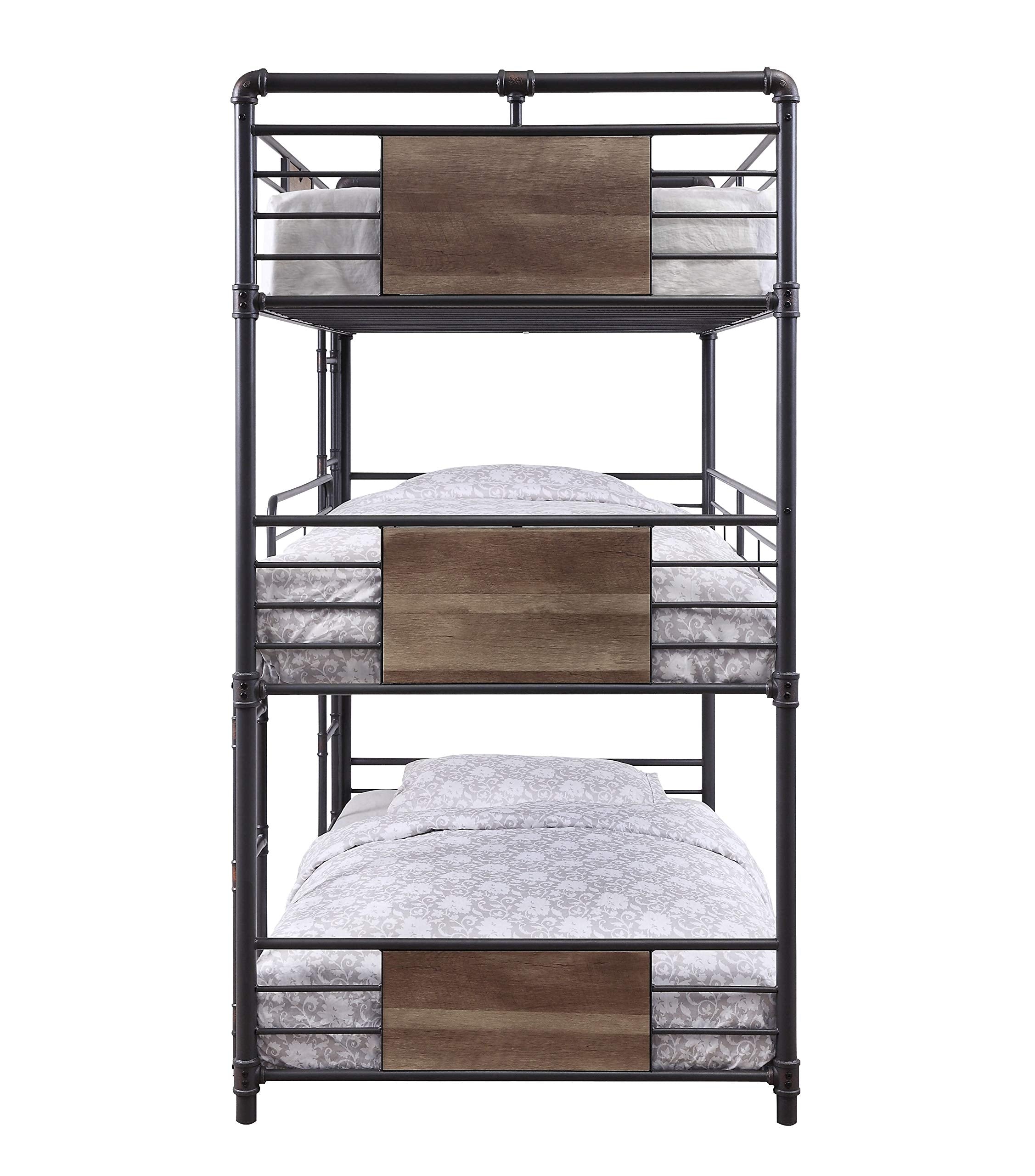 HomeRoots Metal, Wood 79' X 43' X 79' Metal and Wood Triple Bunk Bed - Twin, Sandy Black & Dark Bronze Hand-Brushed