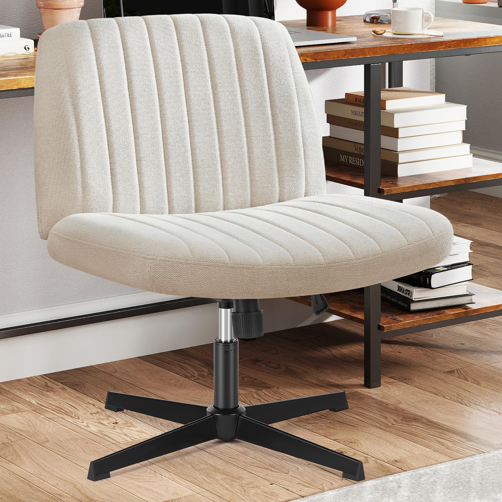 Sweetcrispy Criss Cross Chair Legged, Armless Office Swivel Desk Chair No Wheels, Vanity Height Adjustable Wide Seat Comfy Cute 
