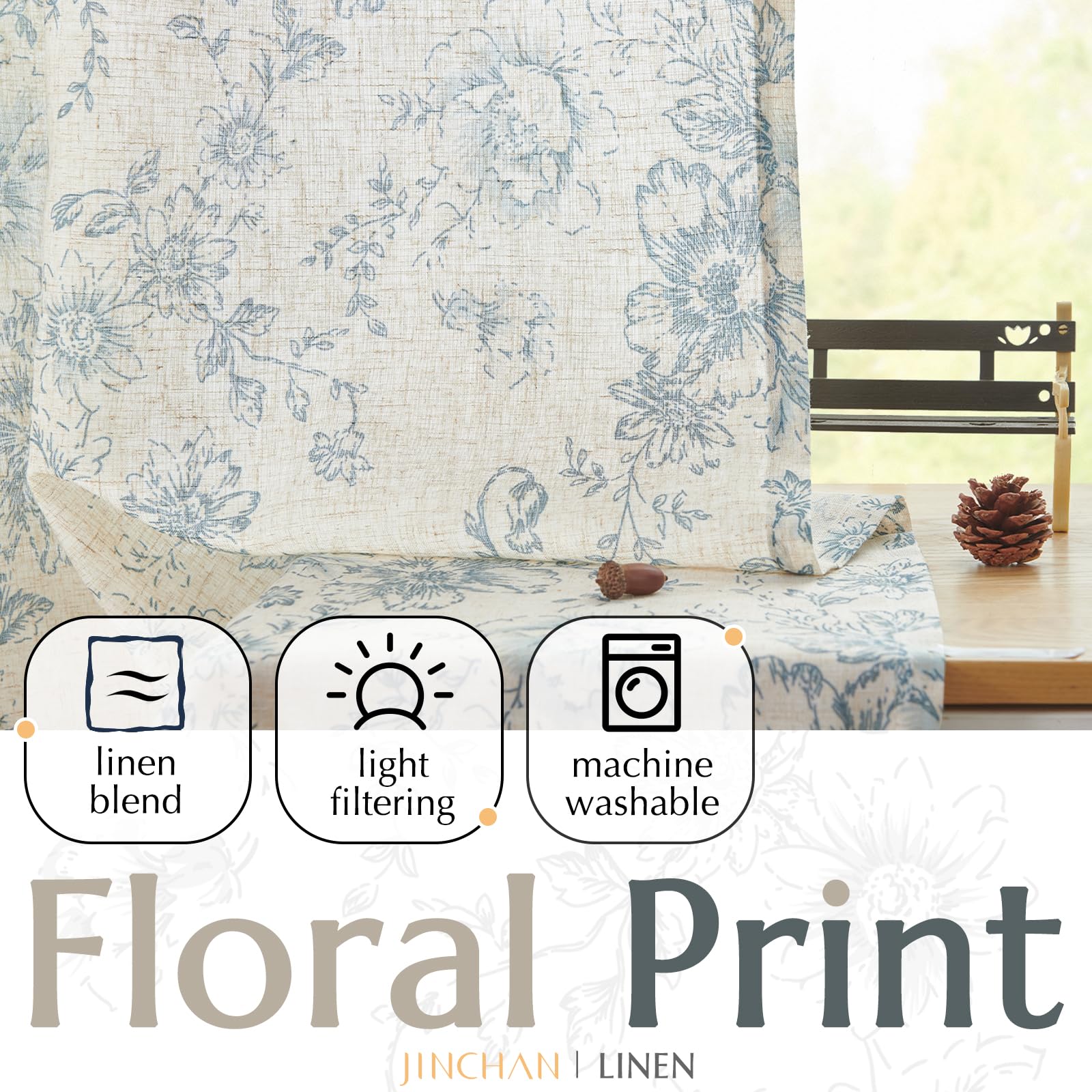 Jinchan Linen Blend Curtains Floral Curtains For Living Room 54 Inch Length Blue Printed Curtains Rod Pocket Back Tab Farmhouse Peony Flower Patterned Drapes Bedroom Window Curtain Set 2 Panels