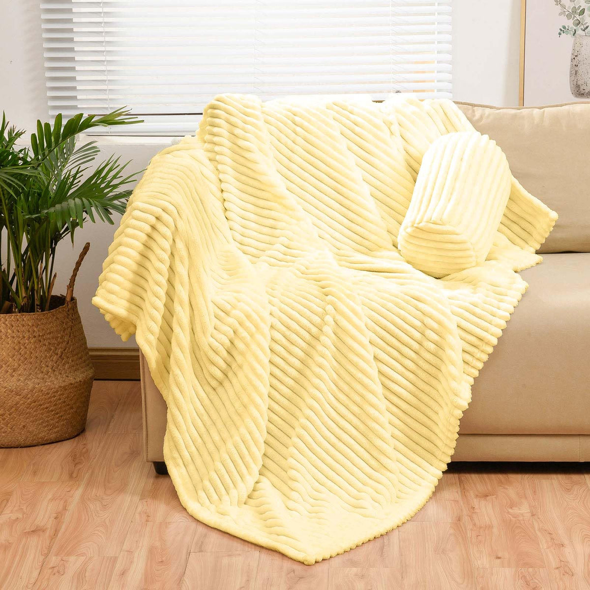 Bnuitland Light Yellow Flannel Throw With Storage Pouch,300Gsm Super Soft Fleece Stripe Pattern Sofa Blanket For Adults And Kids