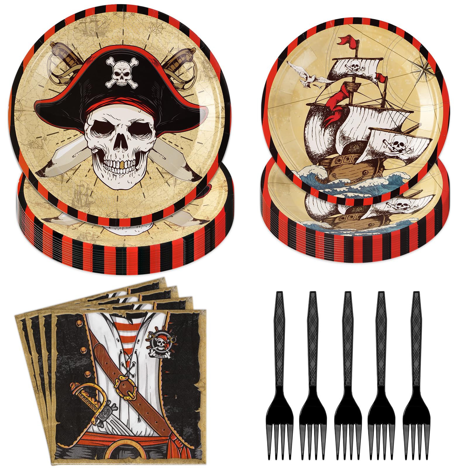 96 Pcs Pirate Party Supplies Tableware Set 350 GSM Pirate Plates Napkins Forks for Adult Teen Children Birthday Party Pirate Par