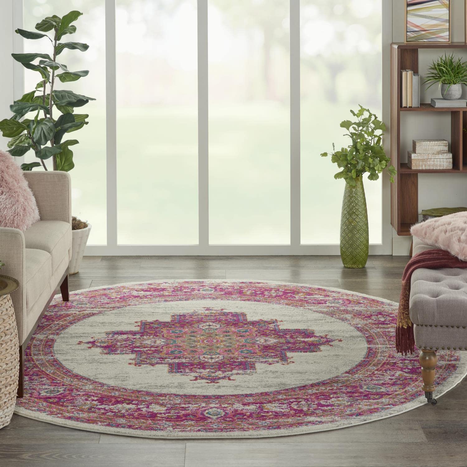 Nourison Passion Ivory/Fuchsia 8' X Round Area-Rug, Boho, Traditional, Easy-Cleaning, Non Shedding, Bed Room, Living Room, Hallw