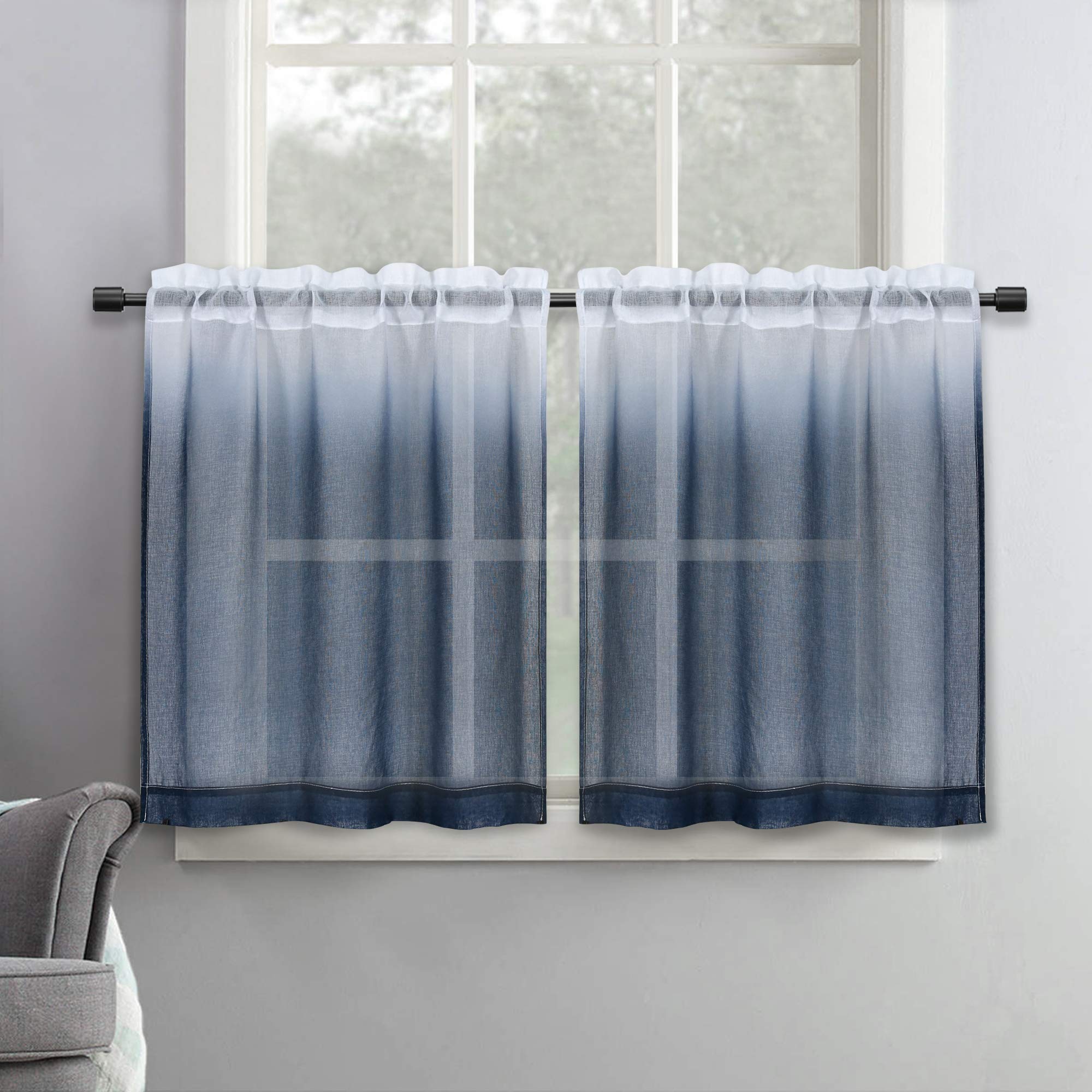 SeeGlee Sheer Bathroom Curtains 30 Inches Long for Small Windows - Set 2 Panels Semi Sheer Cafe Curtains Tier Rod Pocket Linen L