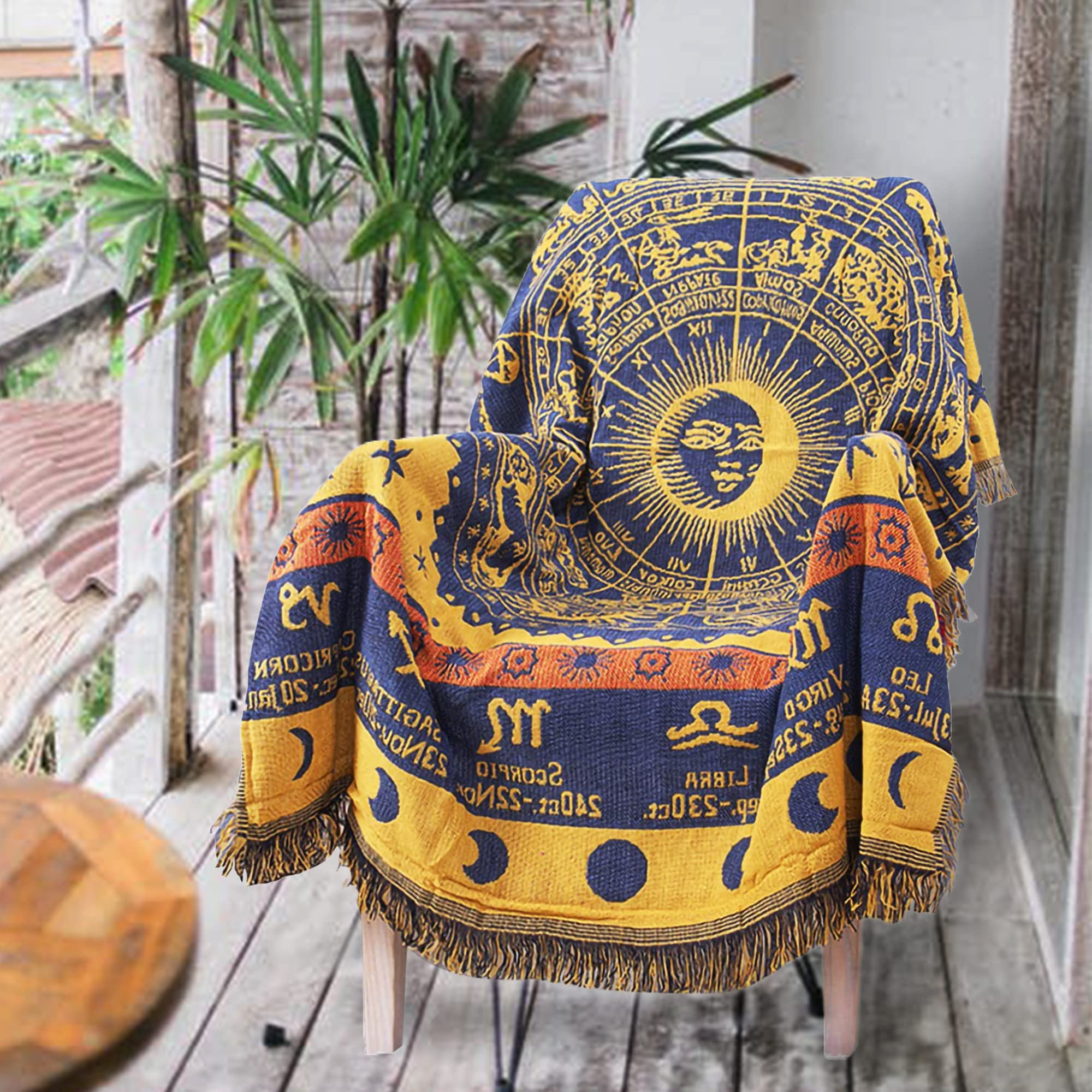 Boho Throw Blankets Woven Reversible Cotton Bohemian Tapestry Hippie Room Decor Witchy Astrology Zodiac Celestial Constellation