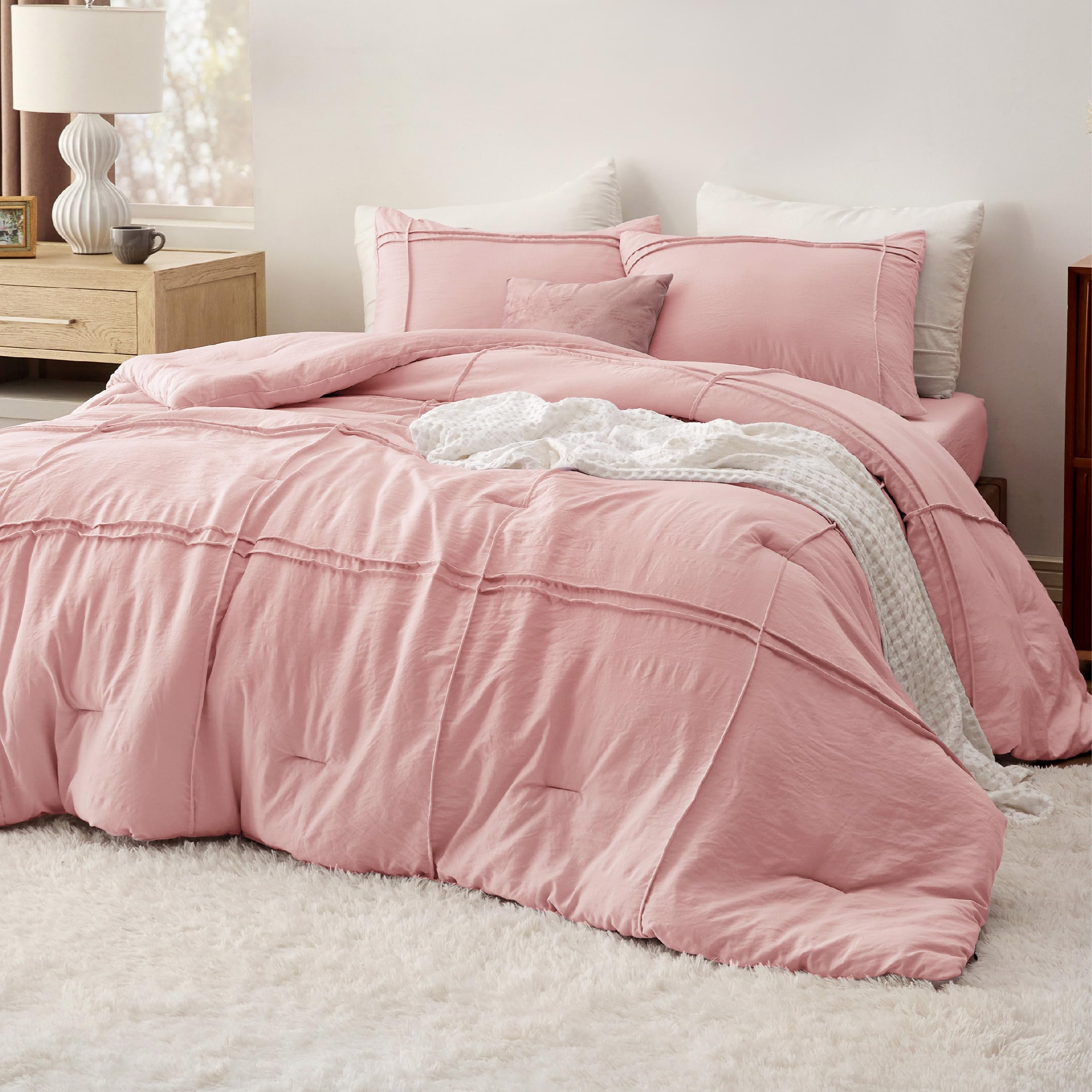 Bedsure Queen Comforter Set With Sheet - 4 Pieces Soft Light Pink Bedding, Grid Pinch Pleat, All Season Lightweight Fluffy Bed Set With Solid Boho Comforter, Pillowcases & Sheet