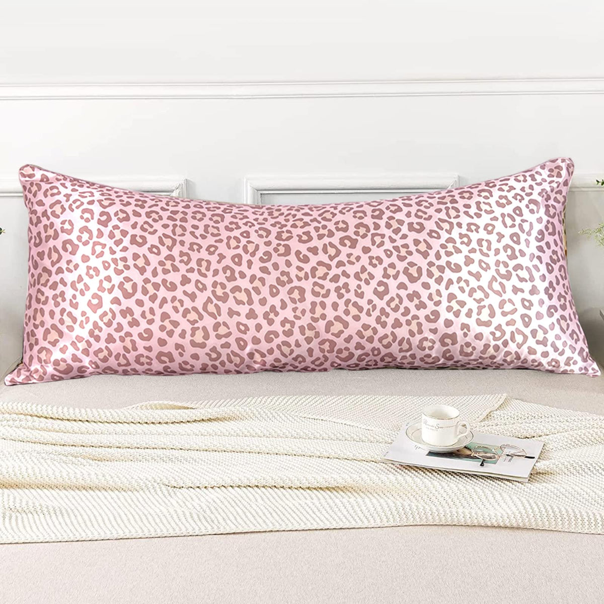 Lcbd Satin Body Pillow Case For Hair And Skin, Pink Leopard Printed Silk Satin Body Pillow Case Cover, 20X54 Body Cooling Pillow