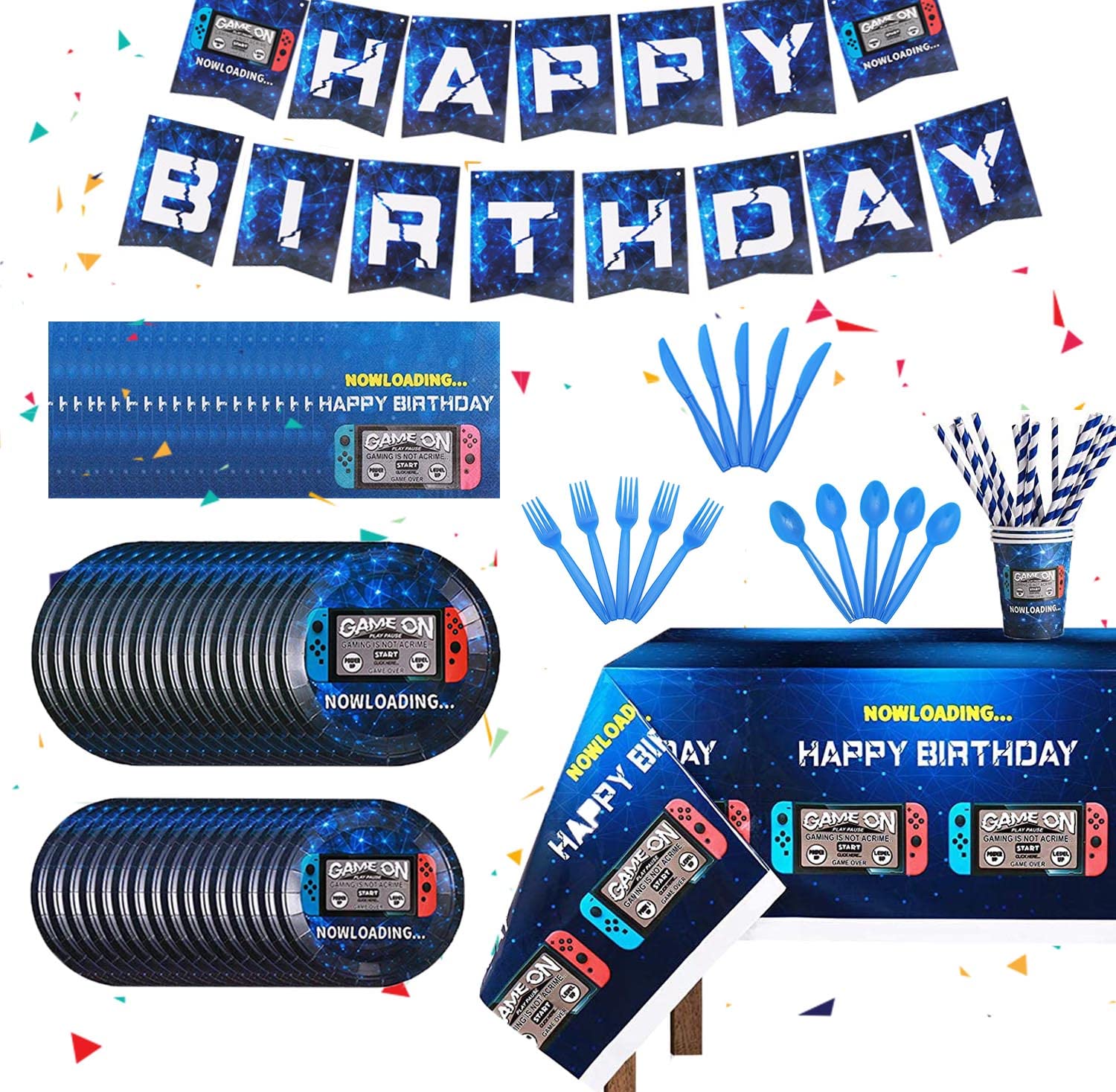162CT Video Game Party Supplies Include Video Game Paper Plates, Cups, Straw, Napkins, Spoon, Fork, knives Table Cover Banner, V