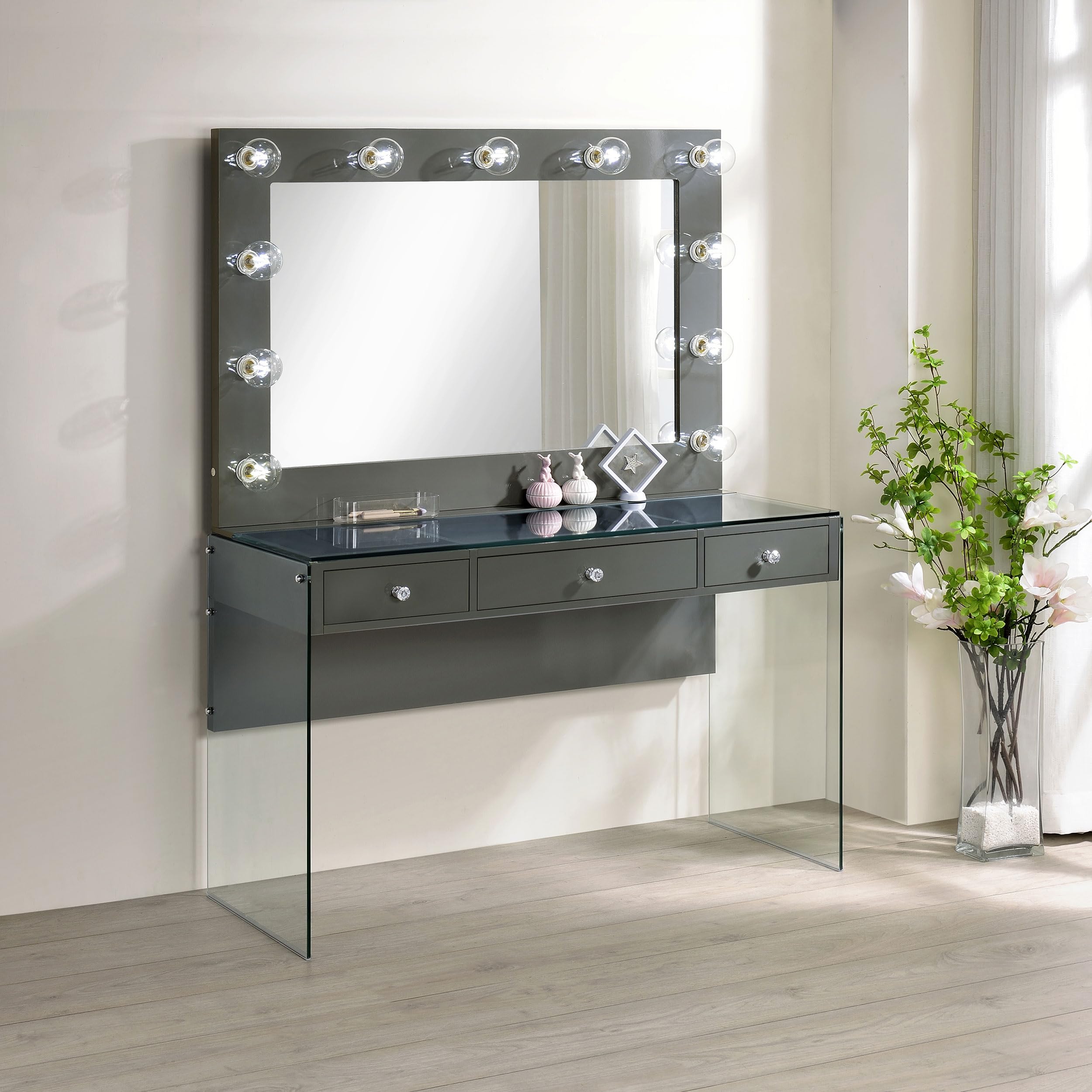 Coaster Home Furnishings Afshan Contemporary 2-Piece 3-Drawer Makeup Vanity Desk with Hollywood Vanity Mirror for Bedroom Makeup Table Tempered Glass Top Grey High Gloss 935923