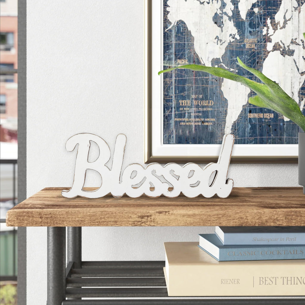 Sintosin Rustic White Wooden Blessed Sign For Tabletop 15', Wall Hanging Farmhouse Blessed Signs For Home Decor, Handmade Thank