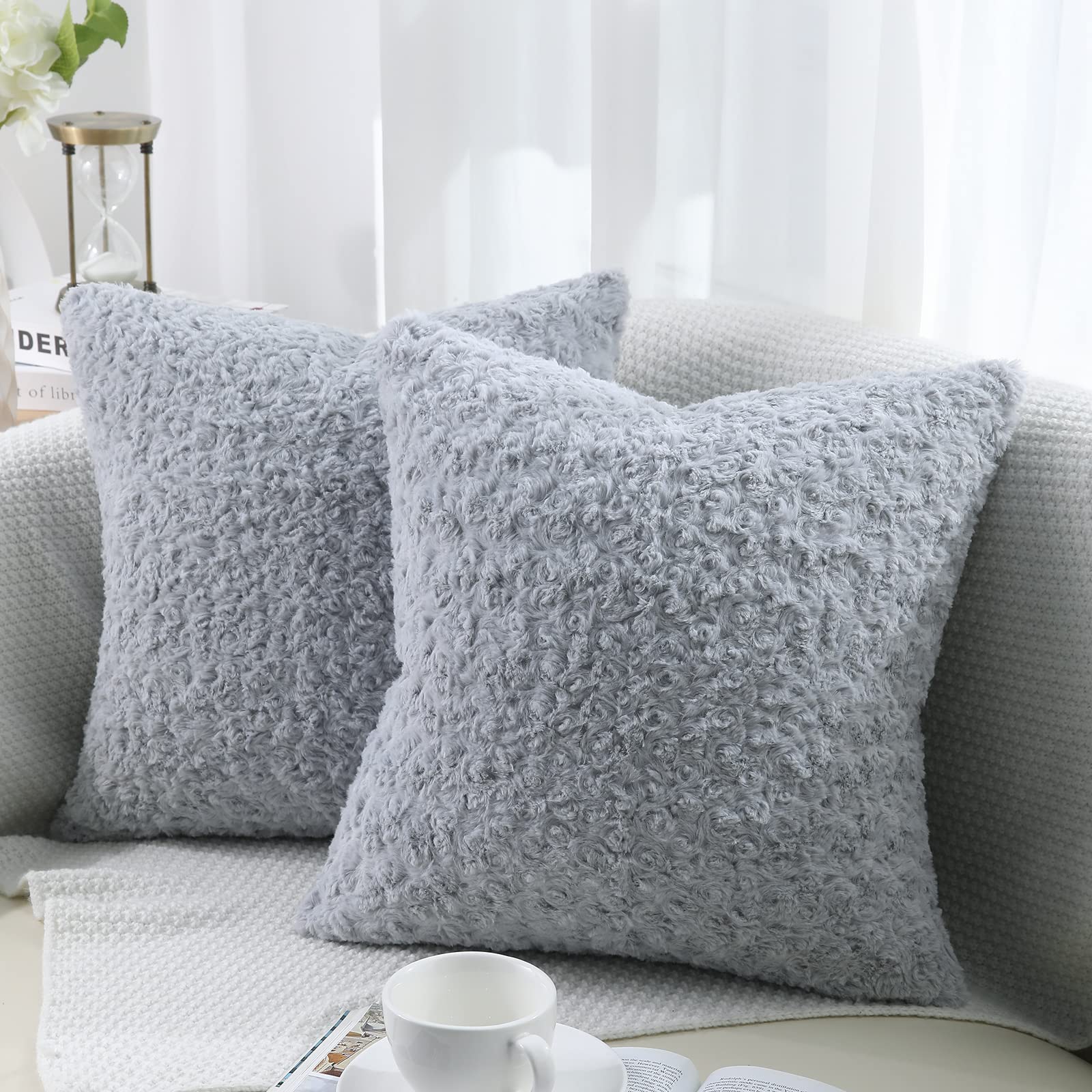 Cikary Light Grey Fur Throw Pillow Covers 3D Rose Pattern Set Of 2 24X24 Inch Fluffy Decorative Pillow Covers For Couch Bed Sofa