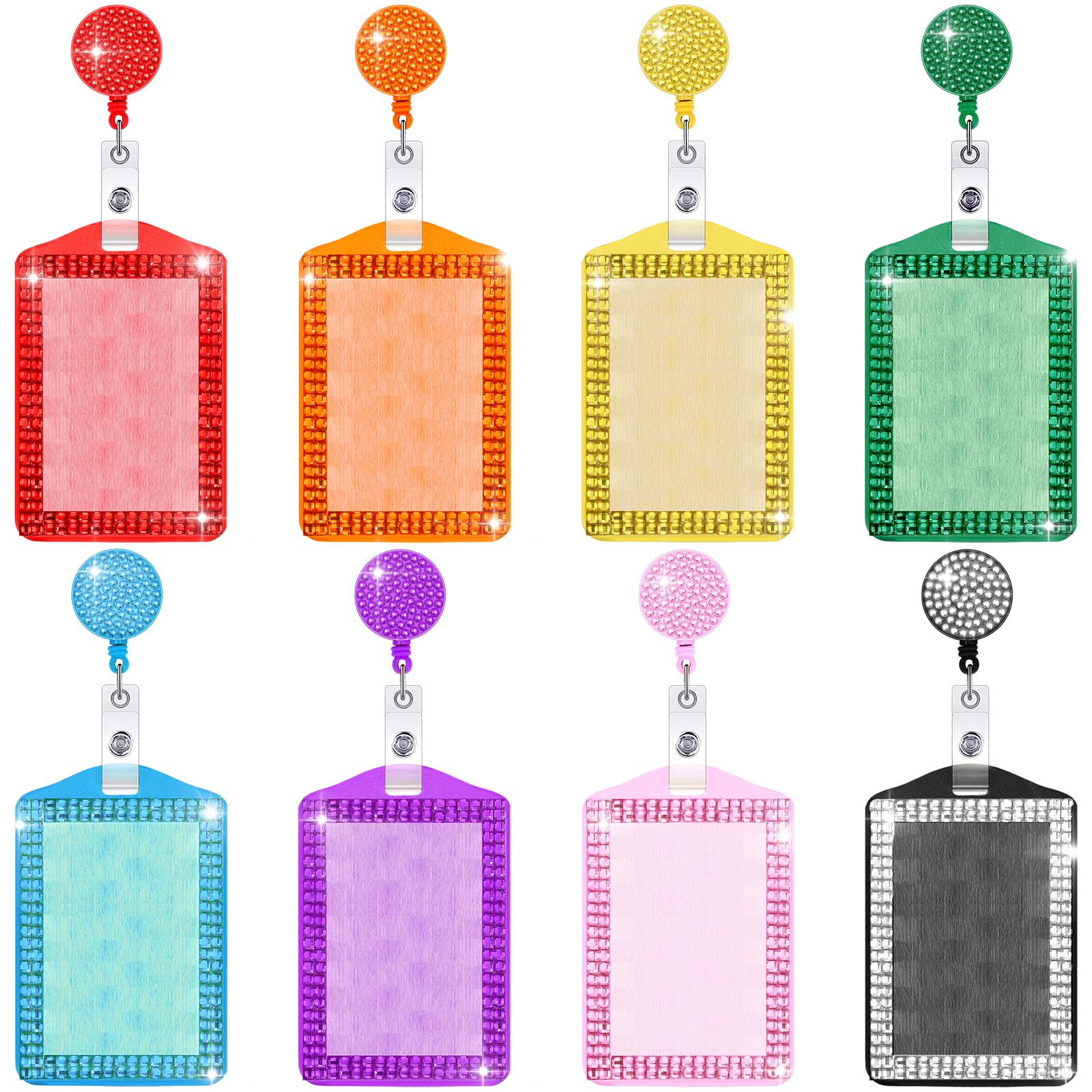 Spakon 8 Pieces Rhinestone Badge Holder Bling Id Card Holder Crystal Cute Badge Holder Retractable Reel Clip Vertical Id Holder