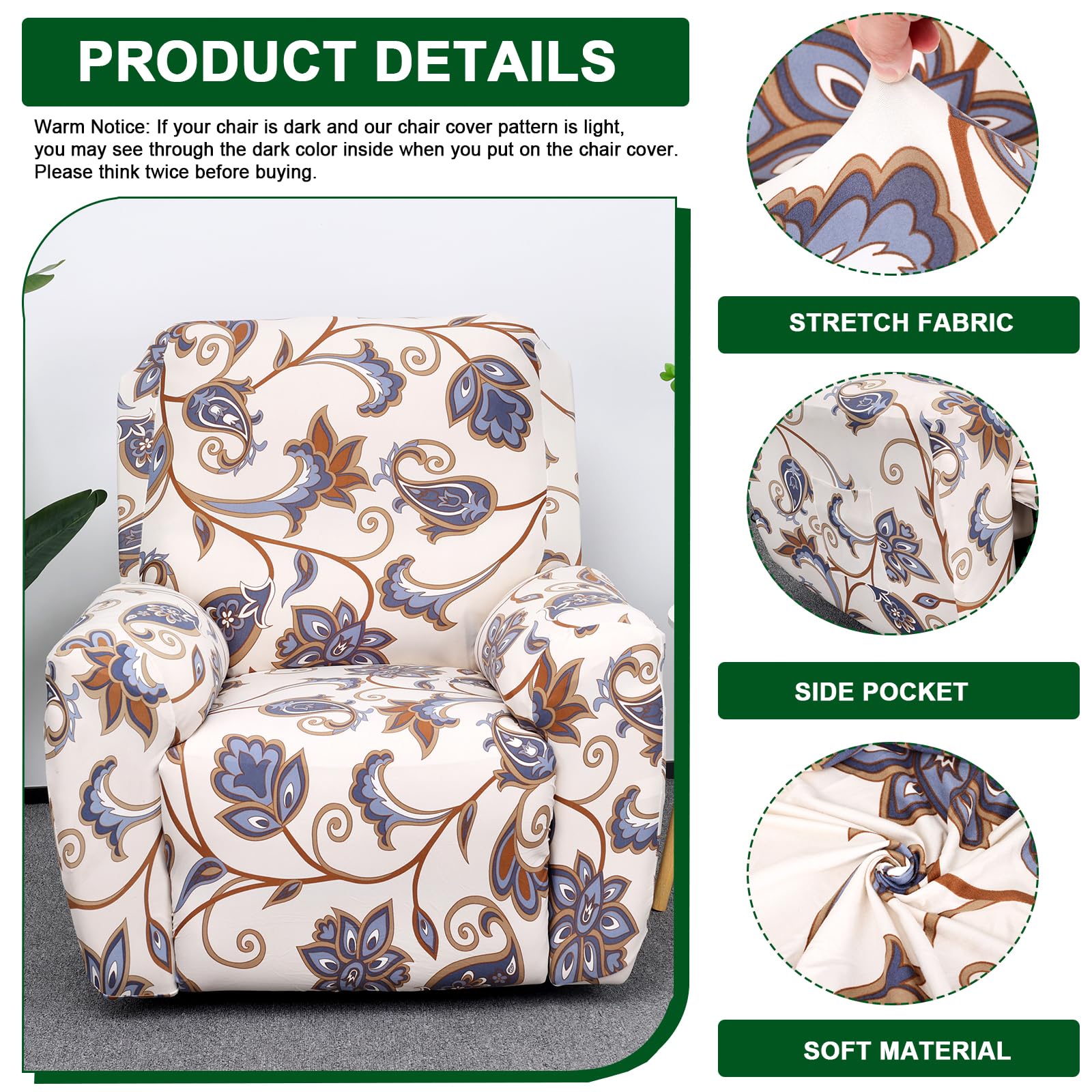 Crfatop Stretch Recliner Cover 4-Pieces 1 Seat Recliner Chair Slipcovers Printed Fallon Collection Slipcover Recliner Lazy Boy F