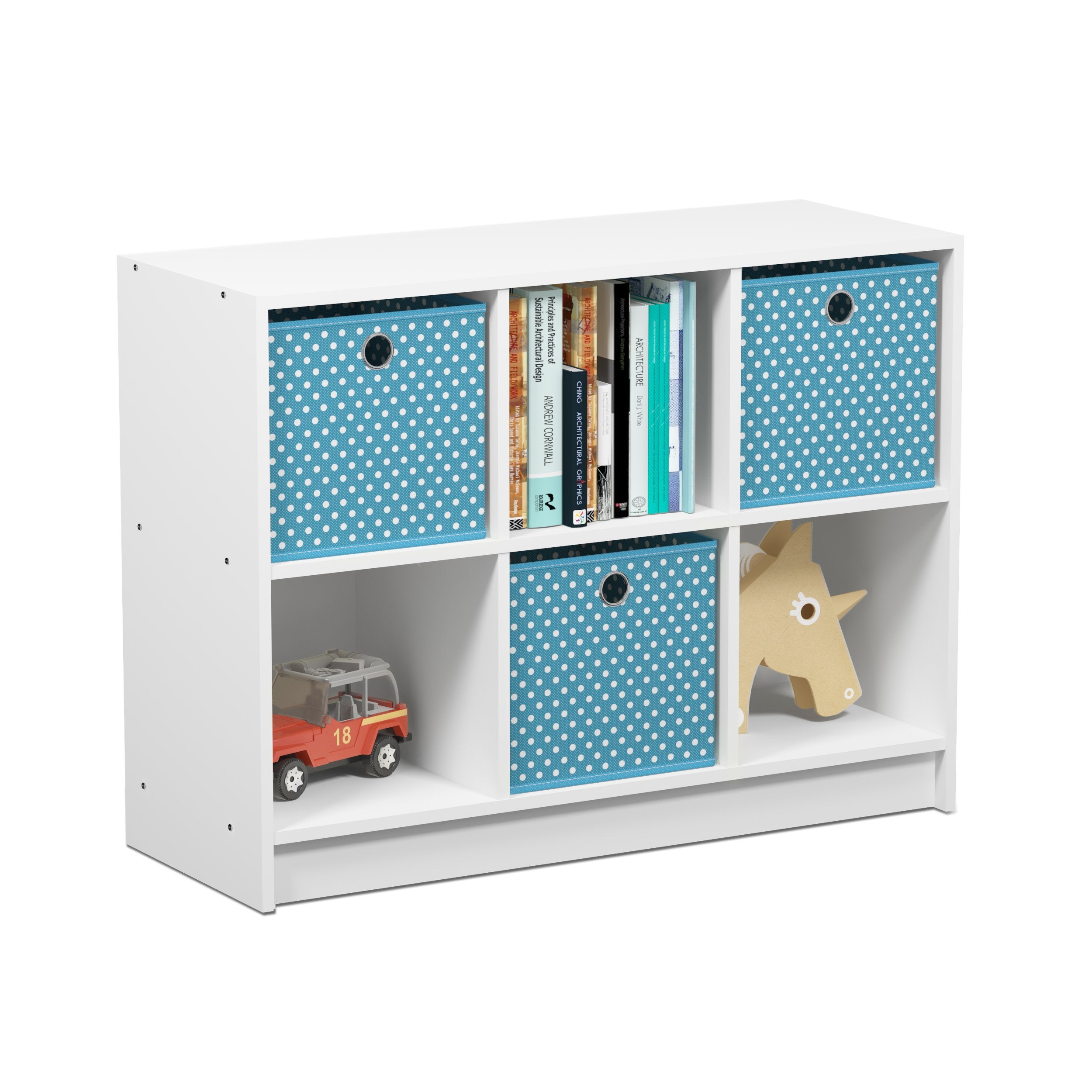 Furinno Basic 3x2 Cube Storage Bookcase Organizer with Bins, White/Light Blue
