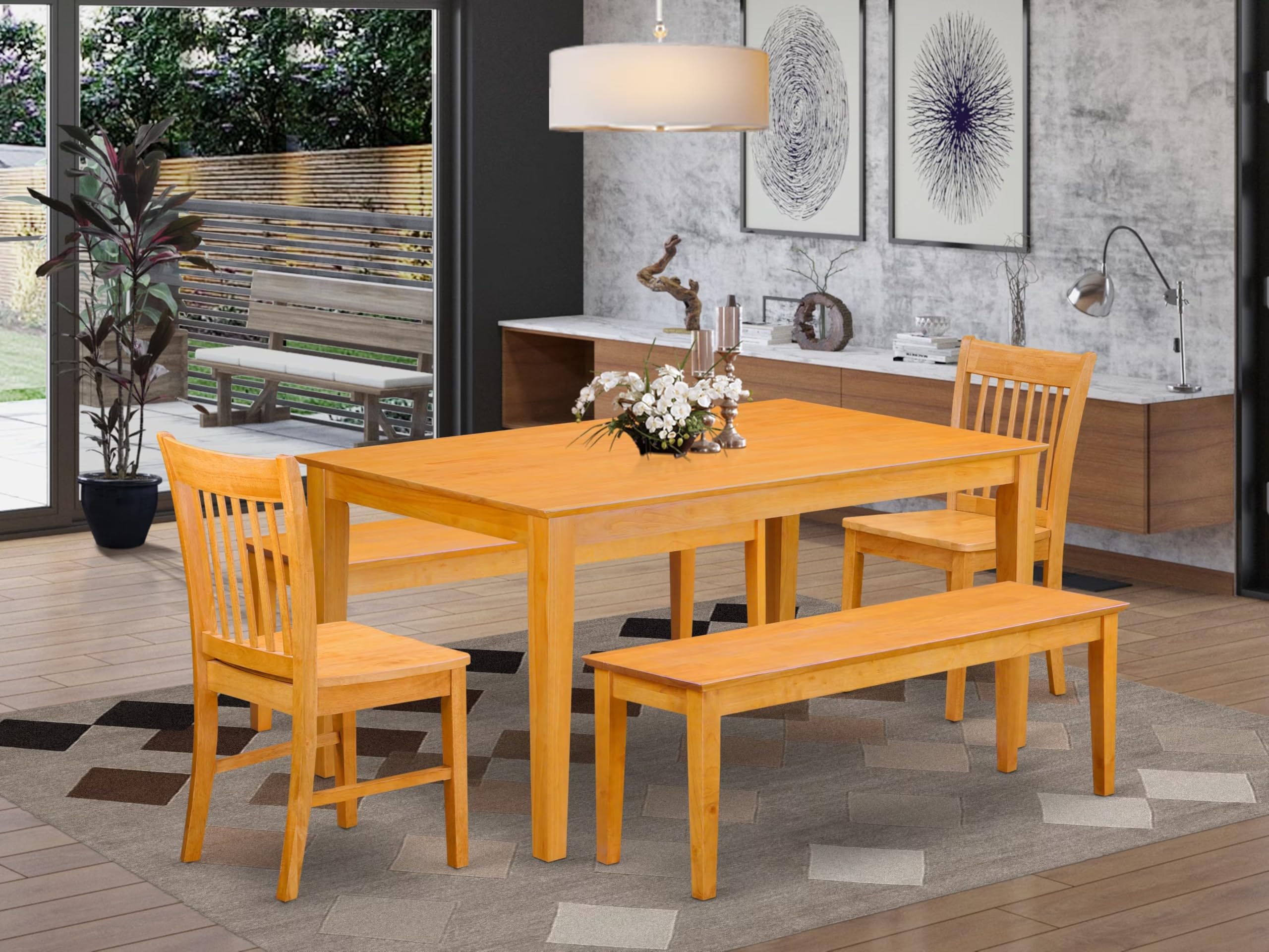East West Furniture CANO5C-OAK-W 5 Piece Modern Dining Table Set Includes a Rectangle Kitchen Table and 2 Wooden Chairs with 2 Benches, 36x60 Inch, Oak