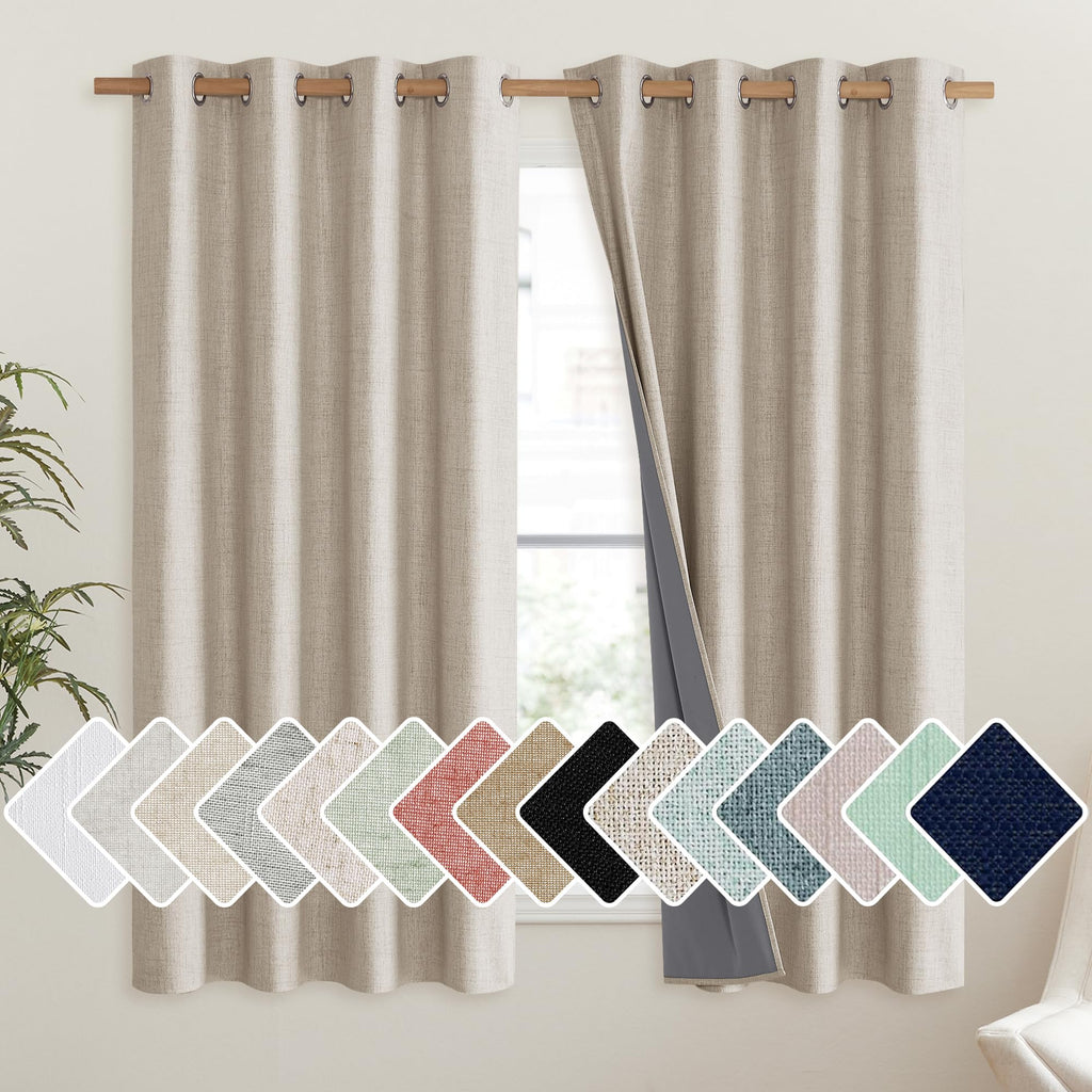 Nicetown Oatmeal Linen Complete Blackout Curtains 48 Inches For Kids Room, 2 Panels, Thermal Insulated & Noise Reducing Window Draperies With White Liner, Noise Reducing Short Drapes
