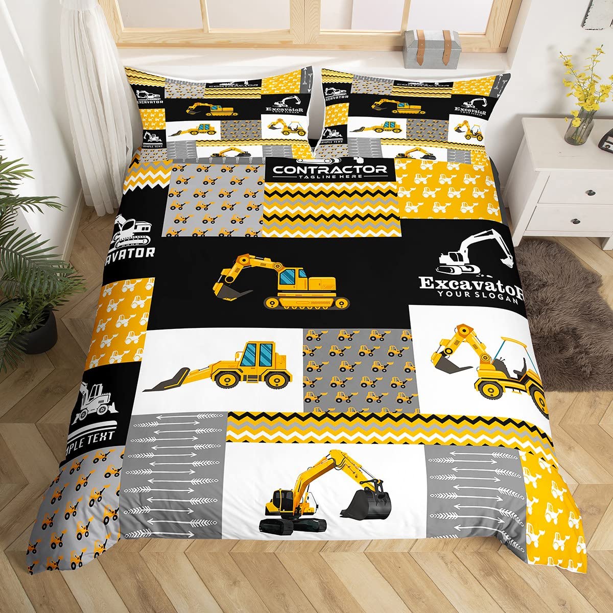 Feelyou Excavator Comforter Cover Construction Vehicles Bedding Set Equipment Trucks Duvet Cover For Kids Boys Girls Cartoon Car