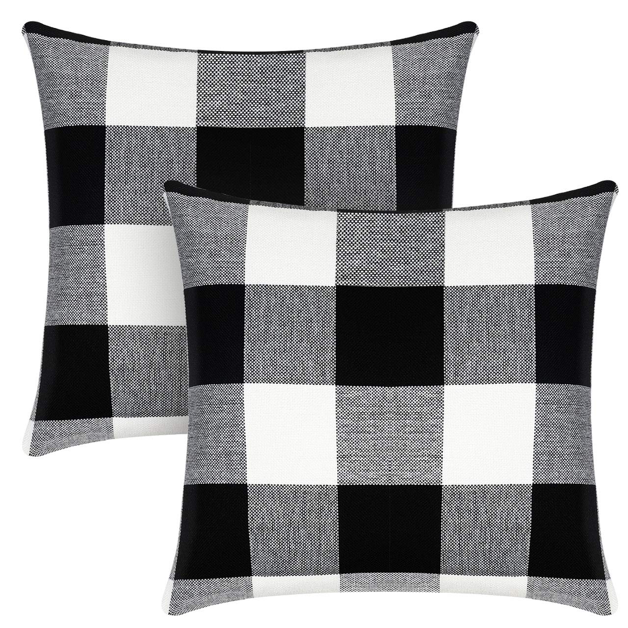Syntus Set Of 2 Buffalo Check Throw Pillow Covers Farmhouse Outdoor Plaid Square Pillow Cushion Case Black And White Polyester L