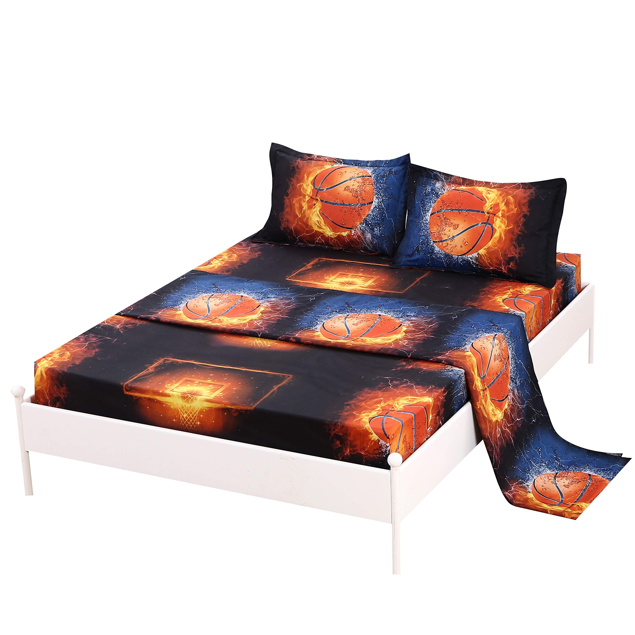 Sdiii 4Pcs Fiery Basketball Sheets Full, Bed In A Bag Basketball Bedding Sheet Full, Wrinkle And Fade Resistant, Hotel Luxury, S