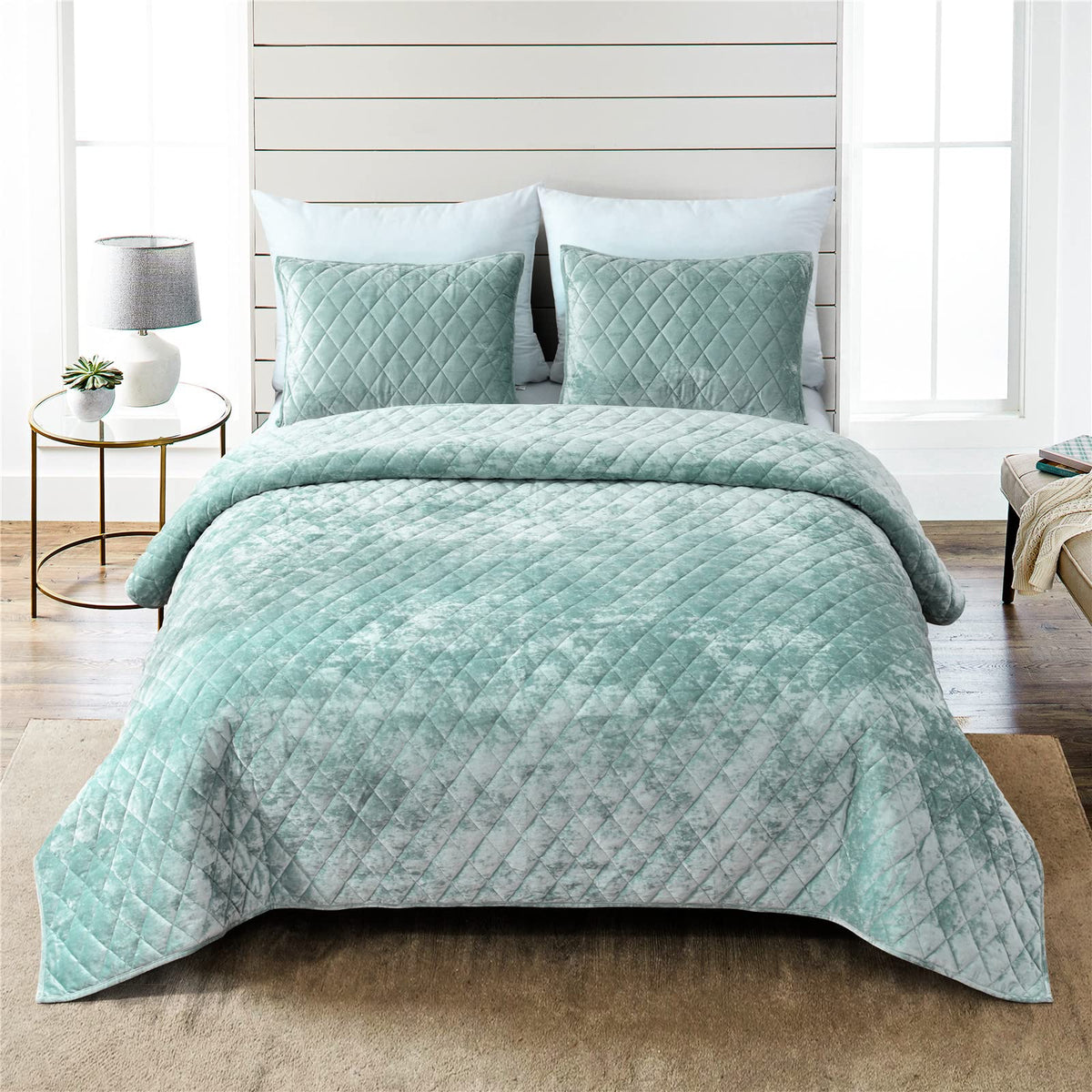 Fredsure Distressed Velvet Quilt Set, 3 Pieces Sage Green Queen, Distressed Velvet Face And Brushed Microfiber Reverse With Diam