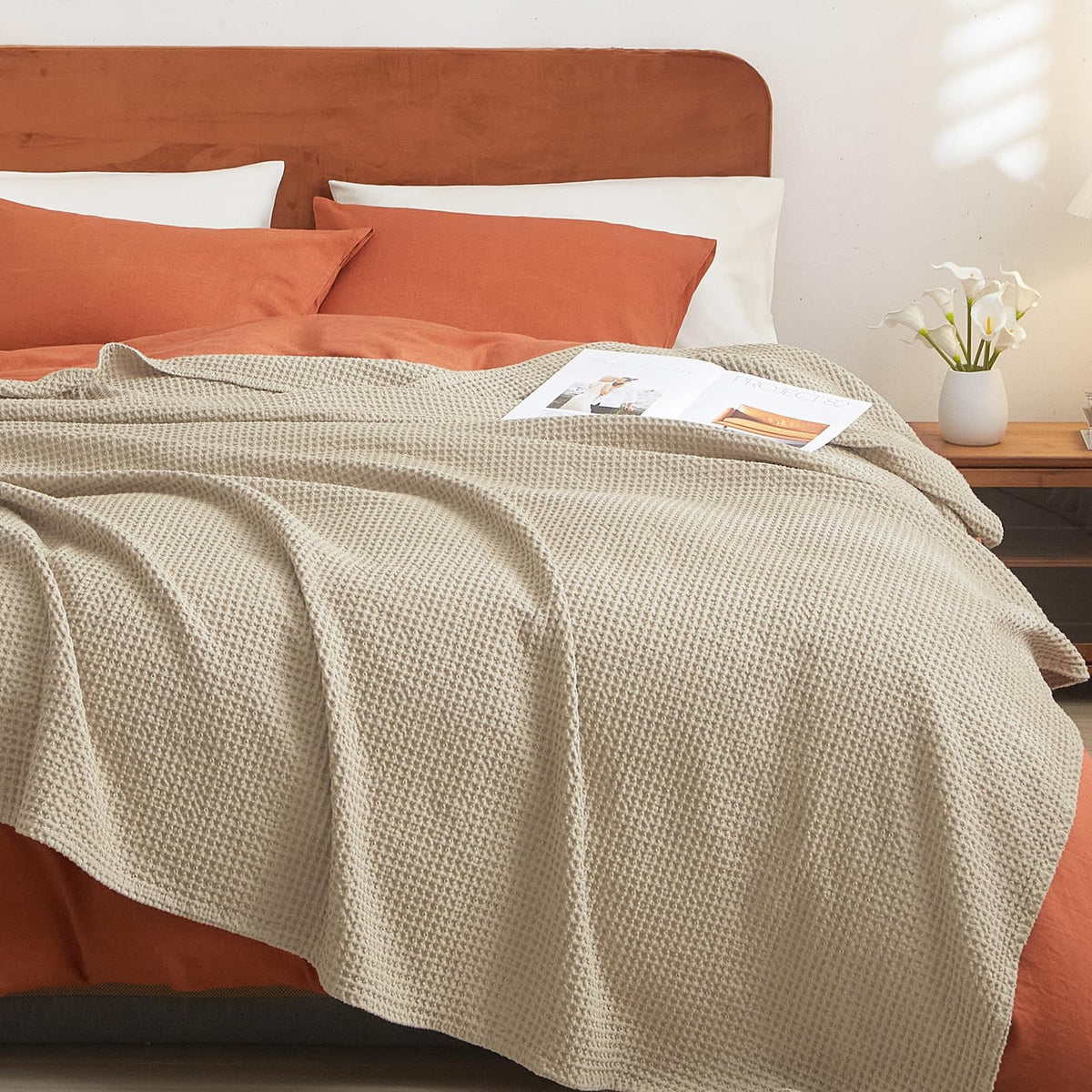 Phf 100% Cotton Waffle Weave Blanket Queen Size 90'X 90' - Lightweight Cozy Washed Soft Breathable Throw Blanket - Great Blank